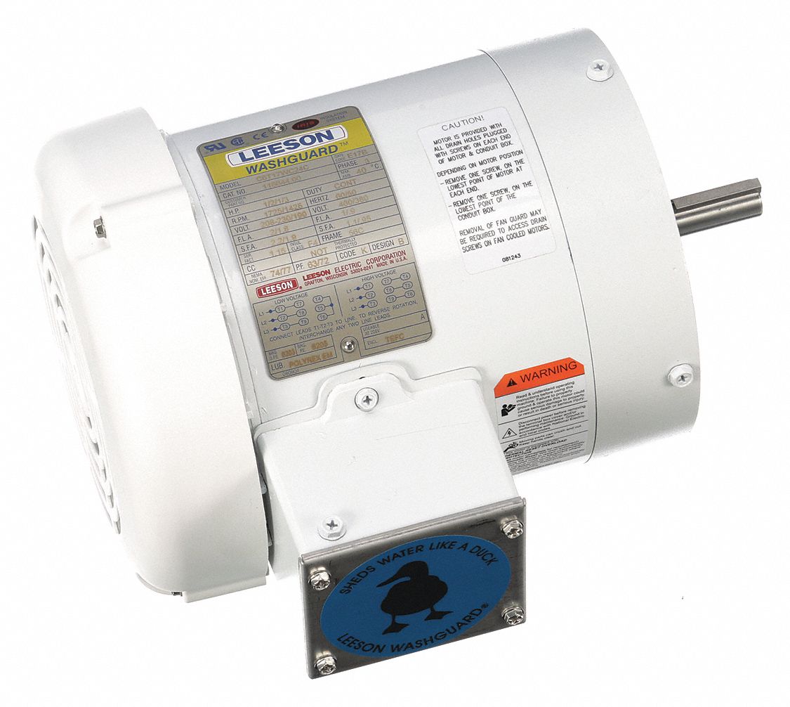 LEESON Washdown Motor: 3-Phase, 1/2 HP, 1,725 Nameplate RPM, 208-230/460V  AC, 56C, Ball