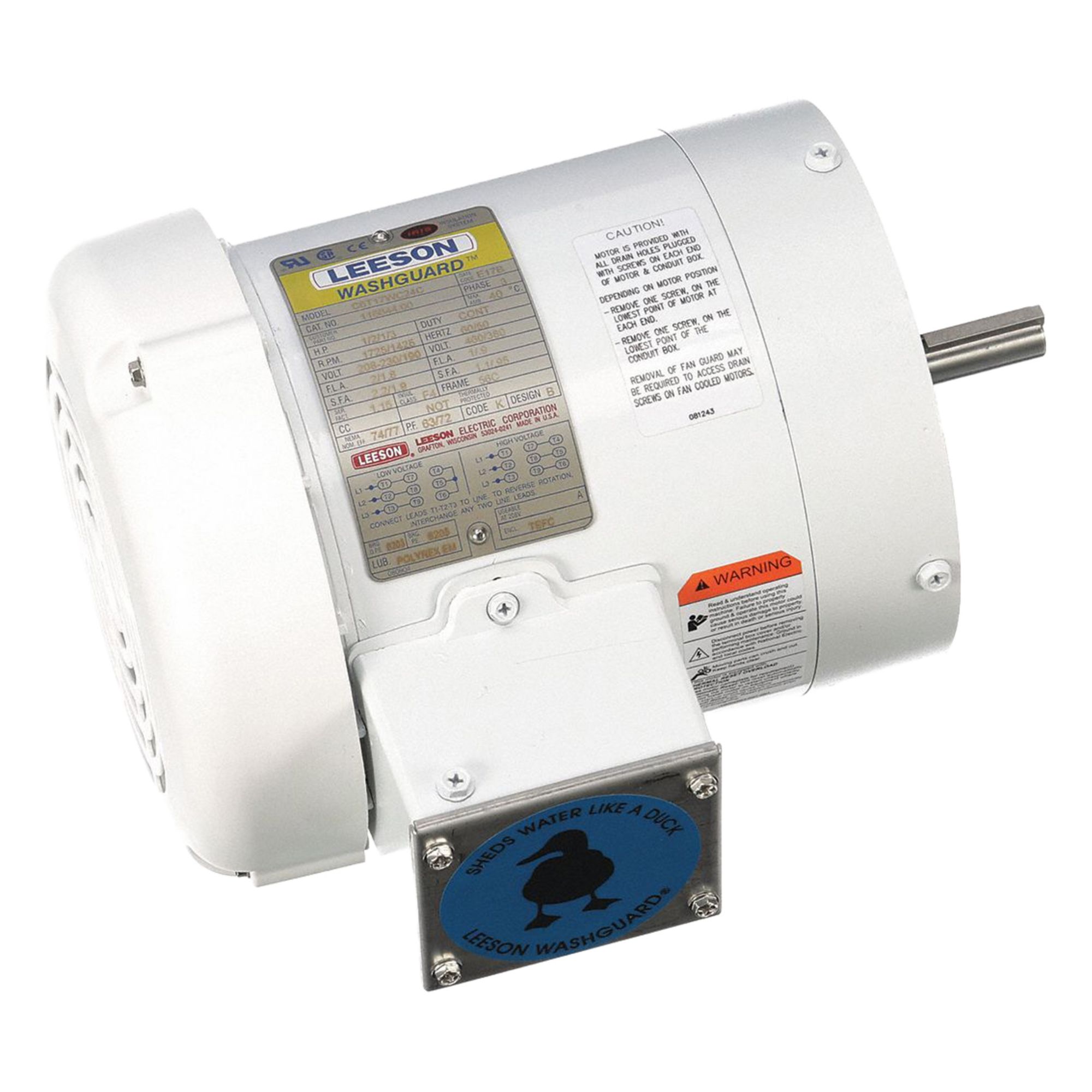 Washdown Motor: Three-Phase, 1/2 hp Horsepower, 1, 725 RPM RPM, 230/460V AC, 56C Frame Size