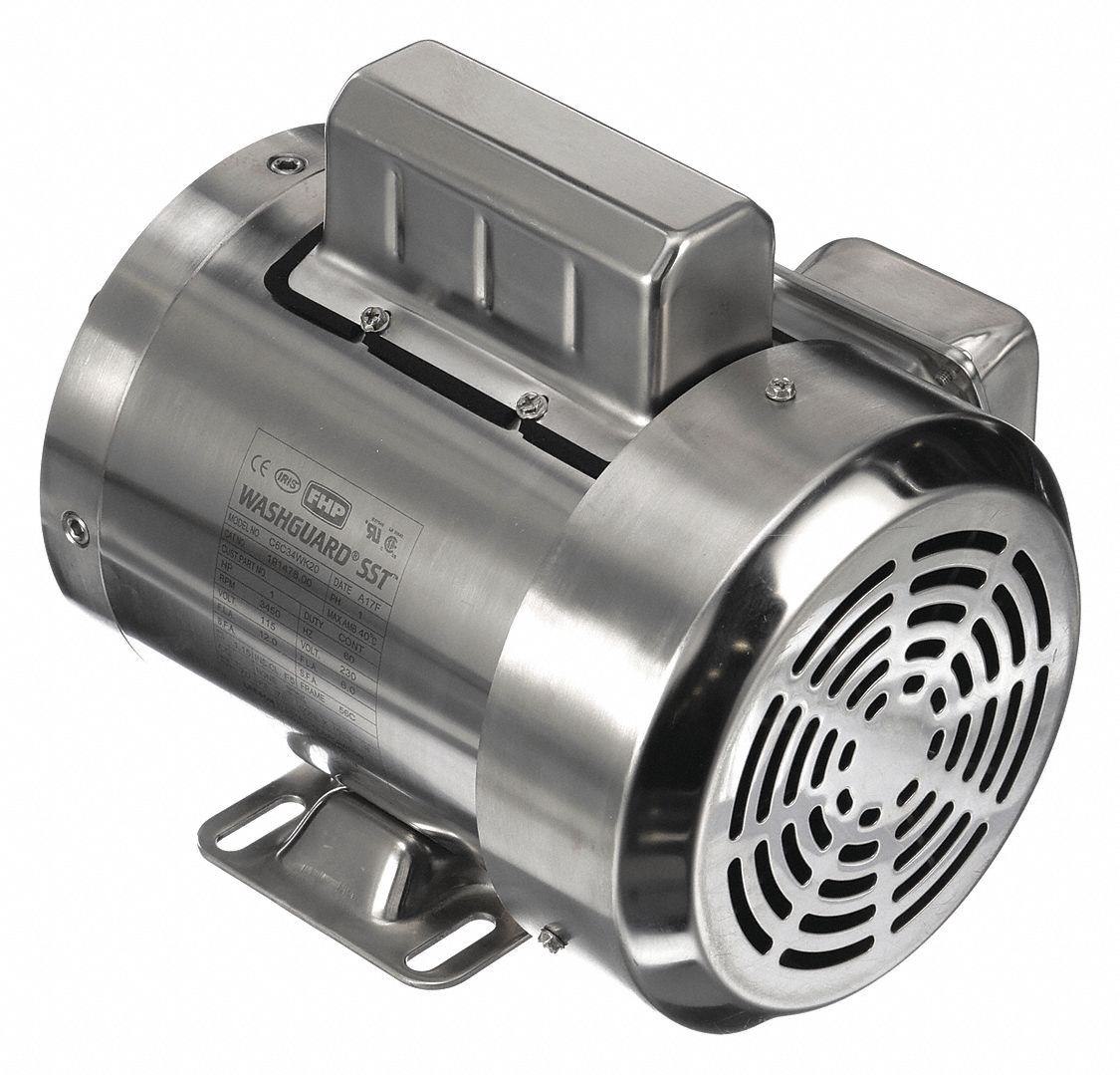 Washdown Motor: Capacitor-Start, 1 hp Horsepower, 3, 450 RPM RPM, 115/230V AC, 56C Frame Size