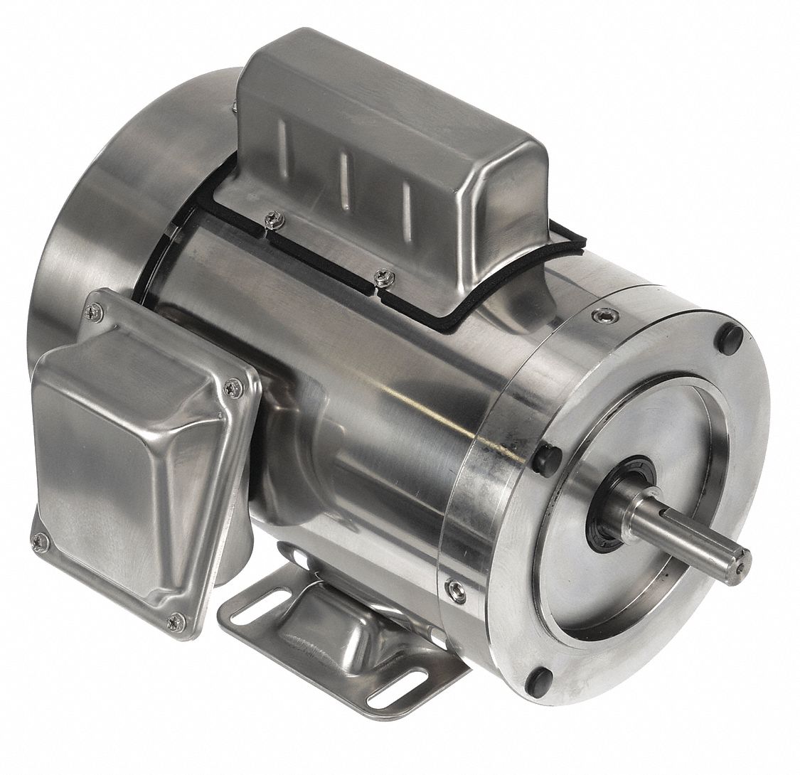 Washdown Motor: Capacitor-Start, 1 1/2 hp Horsepower, 3, 450 RPM RPM, 115/230V AC, TEFC