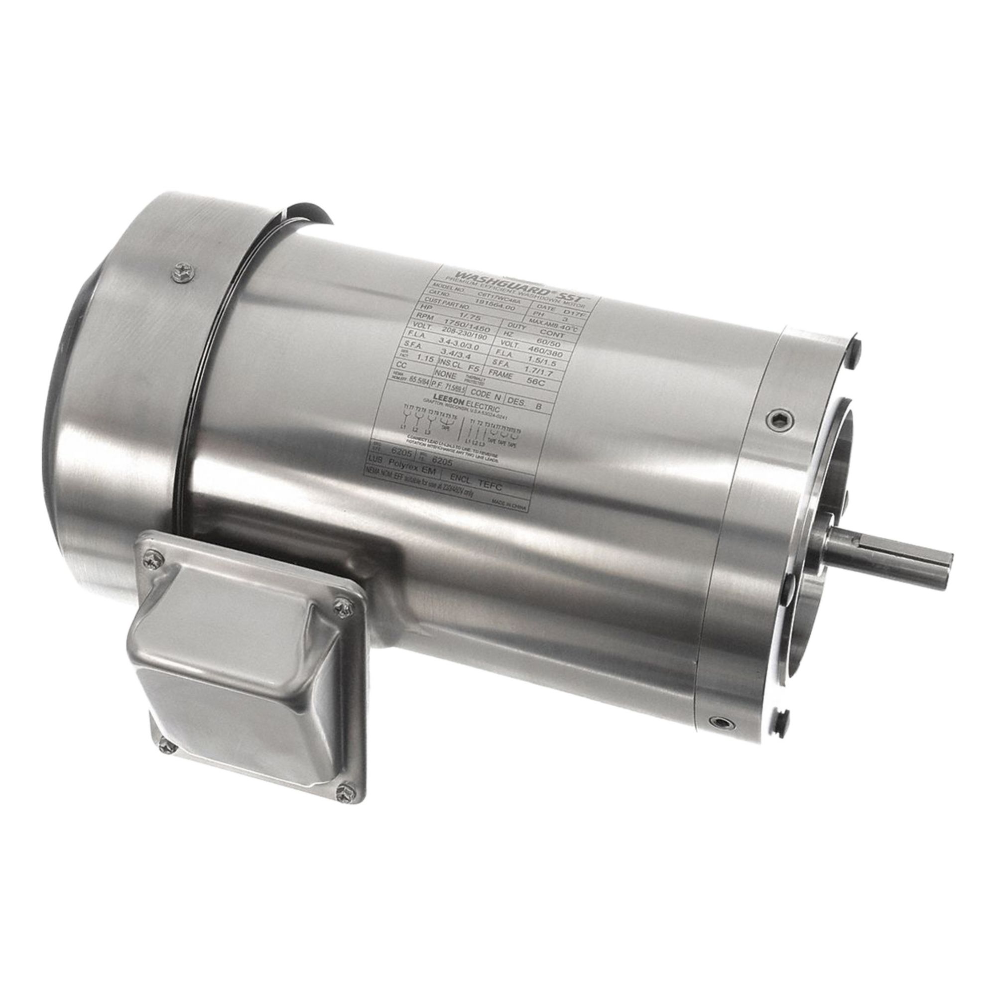 Washdown Motor: Three-Phase, 1 hp Horsepower, 1, 750 RPM RPM, 208-230/460V AC, 56C Frame Size