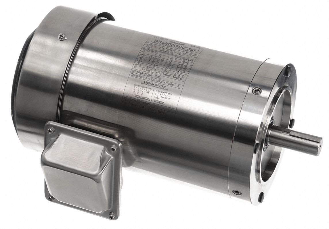 Washdown Motor: Three-Phase, 1 1/2 hp Horsepower, 1, 750 RPM RPM, 230/460V AC, 2 in Shaft Lg