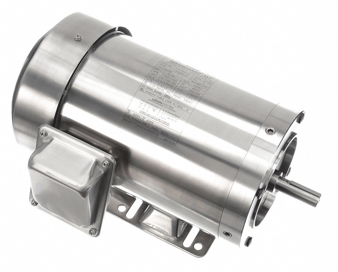 Washdown Motor: Three-Phase, 1 hp Horsepower, 1, 750 RPM RPM, 208-230/460V AC, 56HC Frame Size