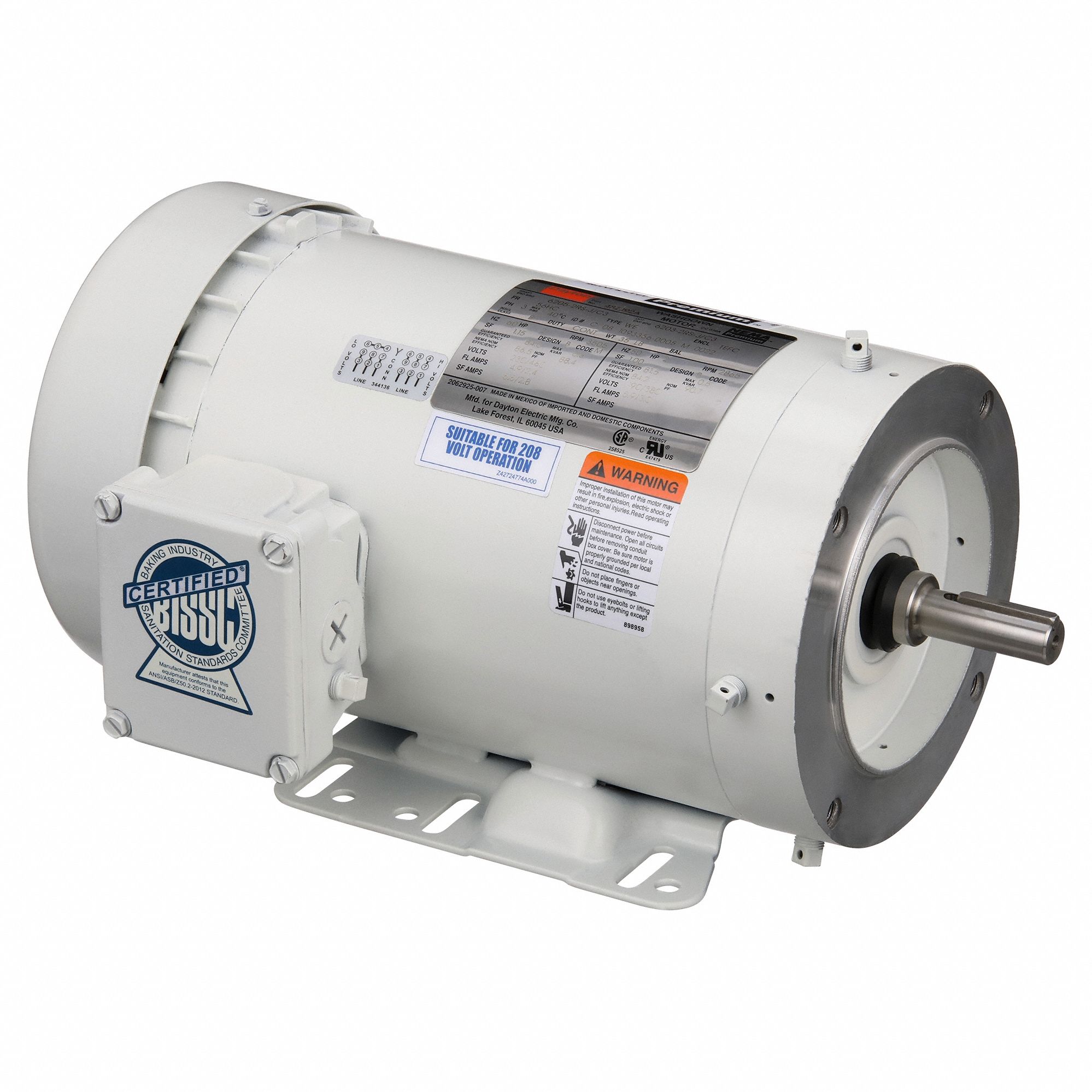 Washdown Motor: Three-Phase, 2 hp Horsepower, 3, 505 RPM RPM, 230/460V AC, 56HC Frame Size