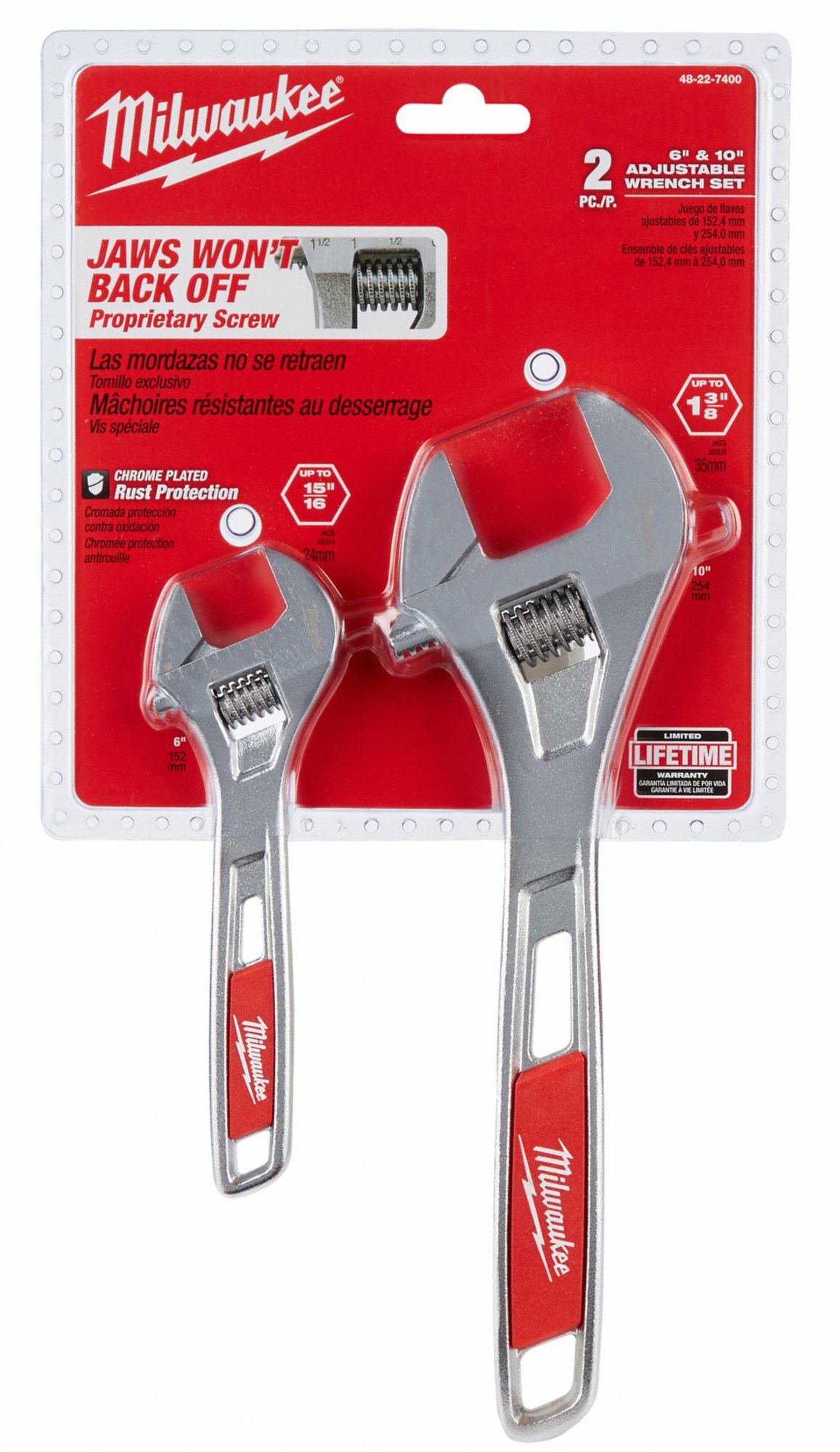 MILWAUKEE Adjustable Wrench Sets, Alloy Steel, Chrome, Jaw Capacity 15/
