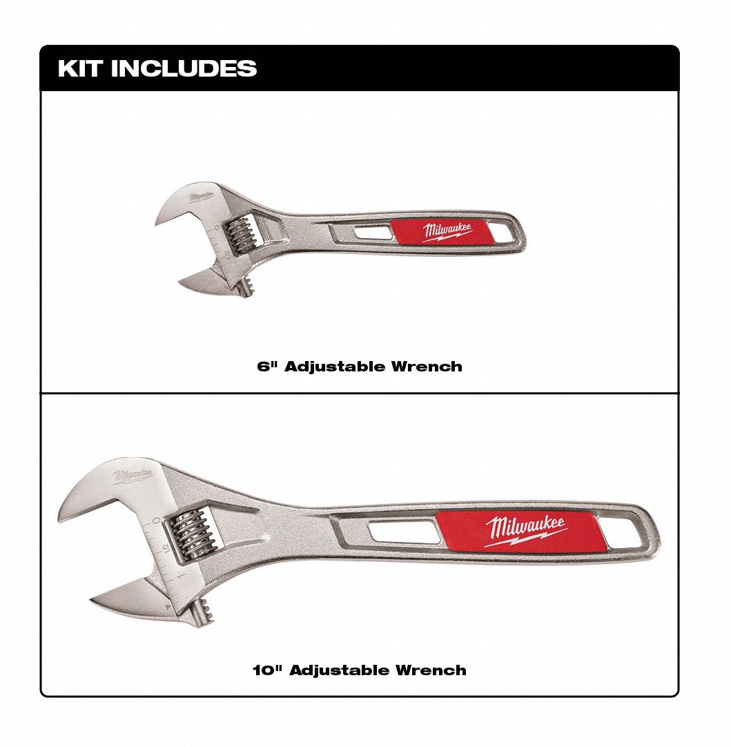 MILWAUKEE Adjustable Wrench Sets, Alloy Steel, Chrome, Jaw Capacity 15/