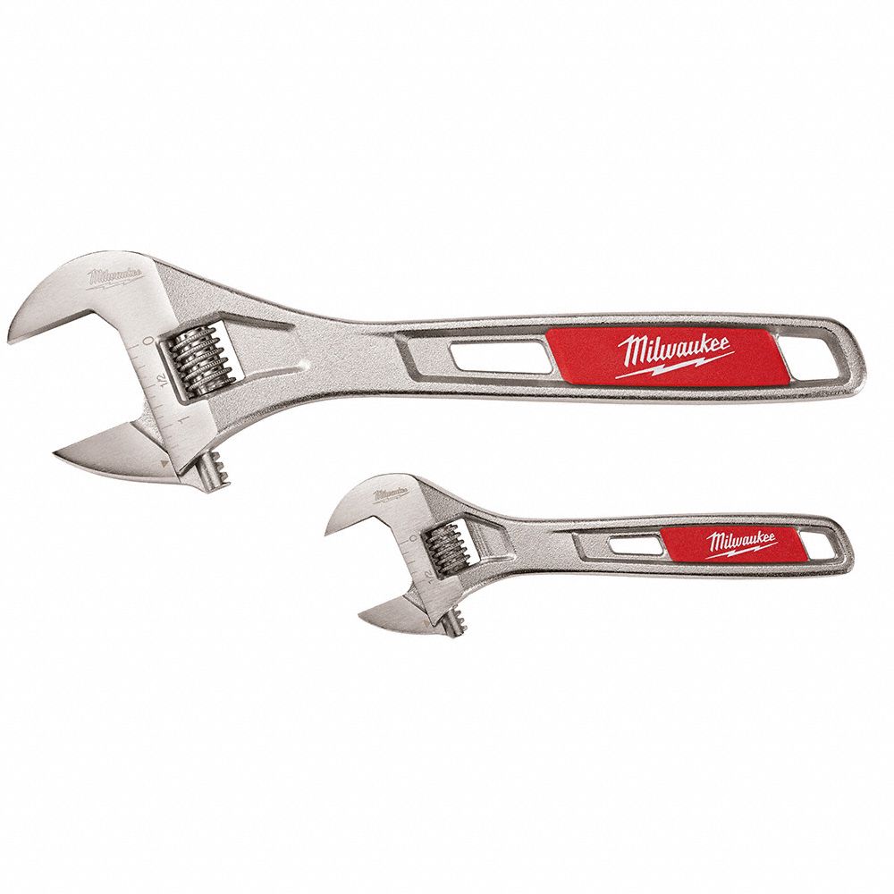 Adjustable Wrench Set: Alloy Steel, Chrome, Plain Grip, 6 in to 10 in