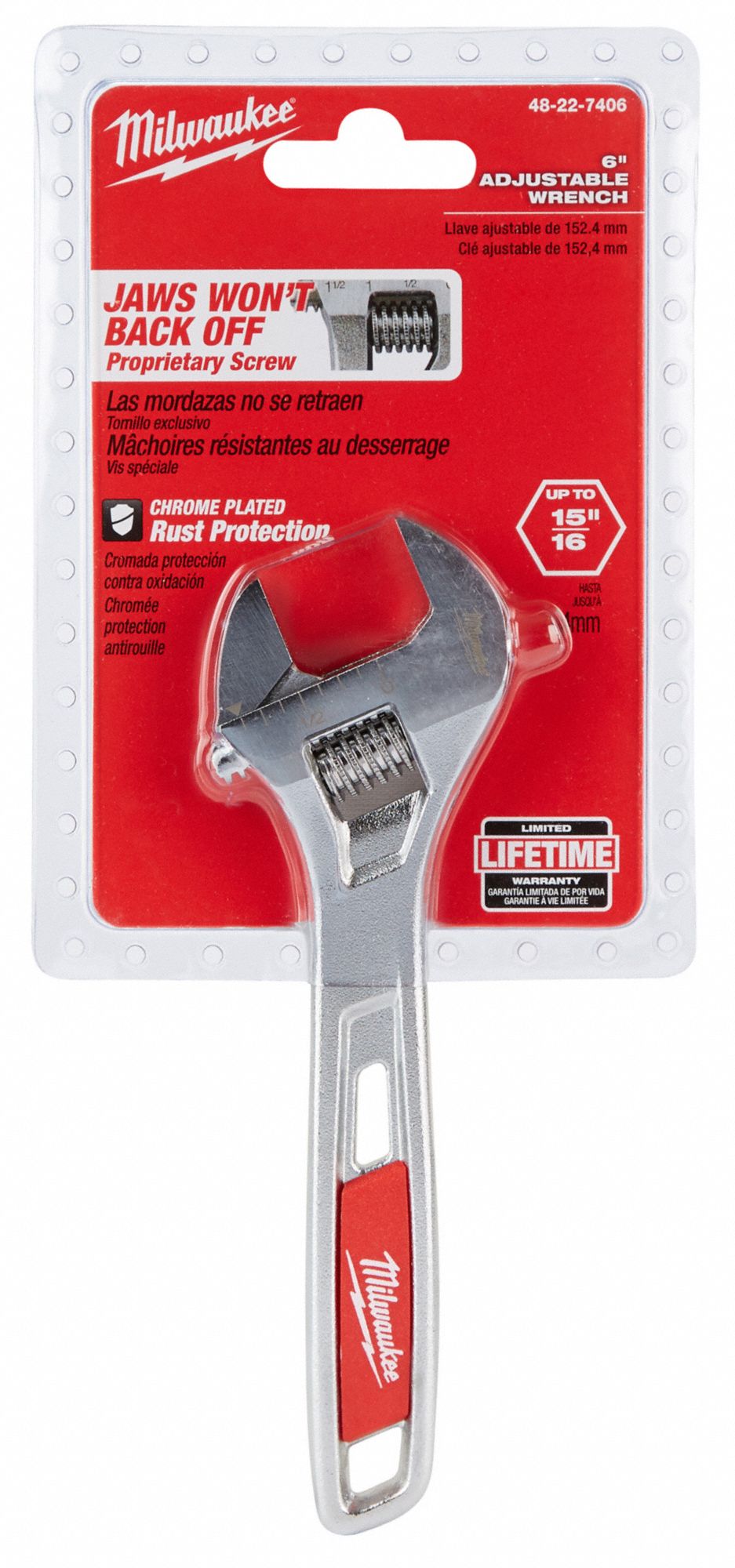 MILWAUKEE Adjustable Wrench, Alloy Steel, Chrome, 6 in, Jaw Capacity 15