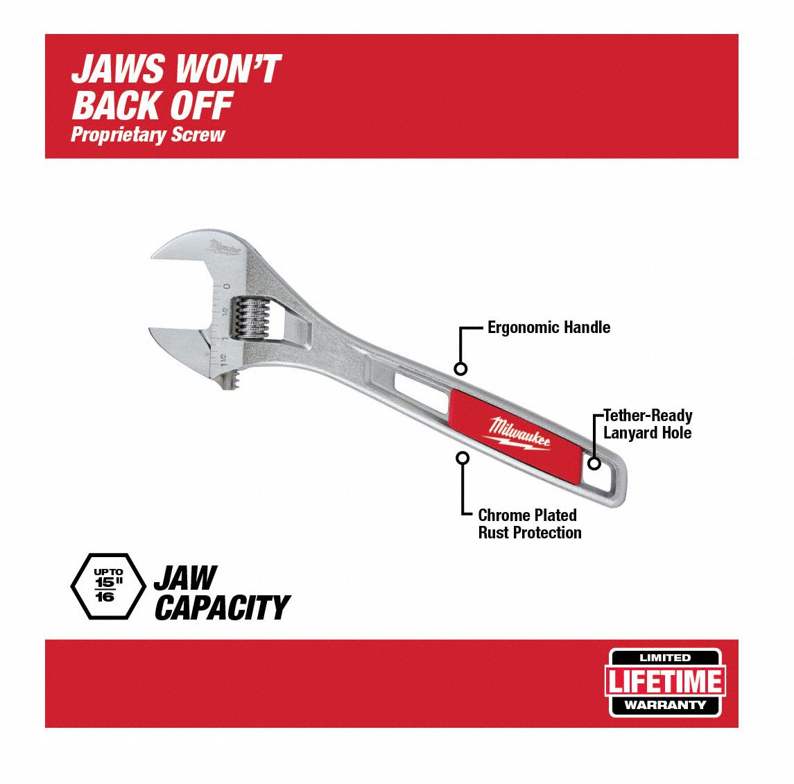 MILWAUKEE Adjustable Wrench, Alloy Steel, Chrome, 6 in, Jaw Capacity 15