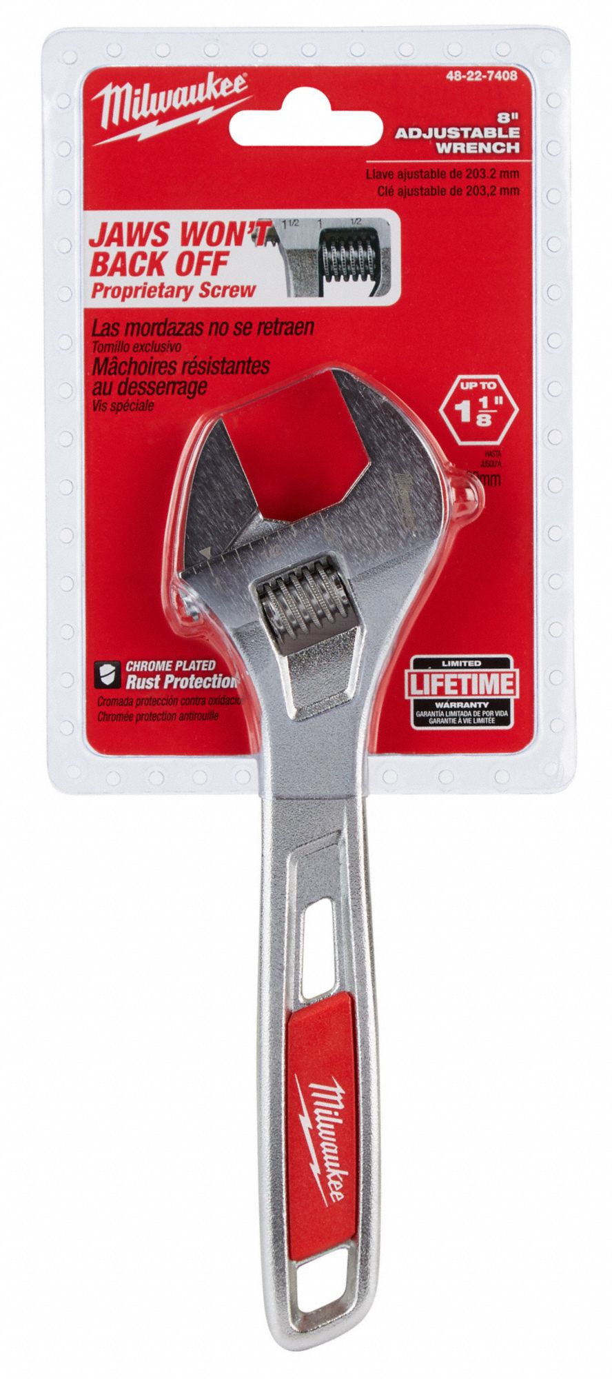 MILWAUKEE Adjustable Wrench, Alloy Steel, Chrome, 8 in, Jaw Capacity 1