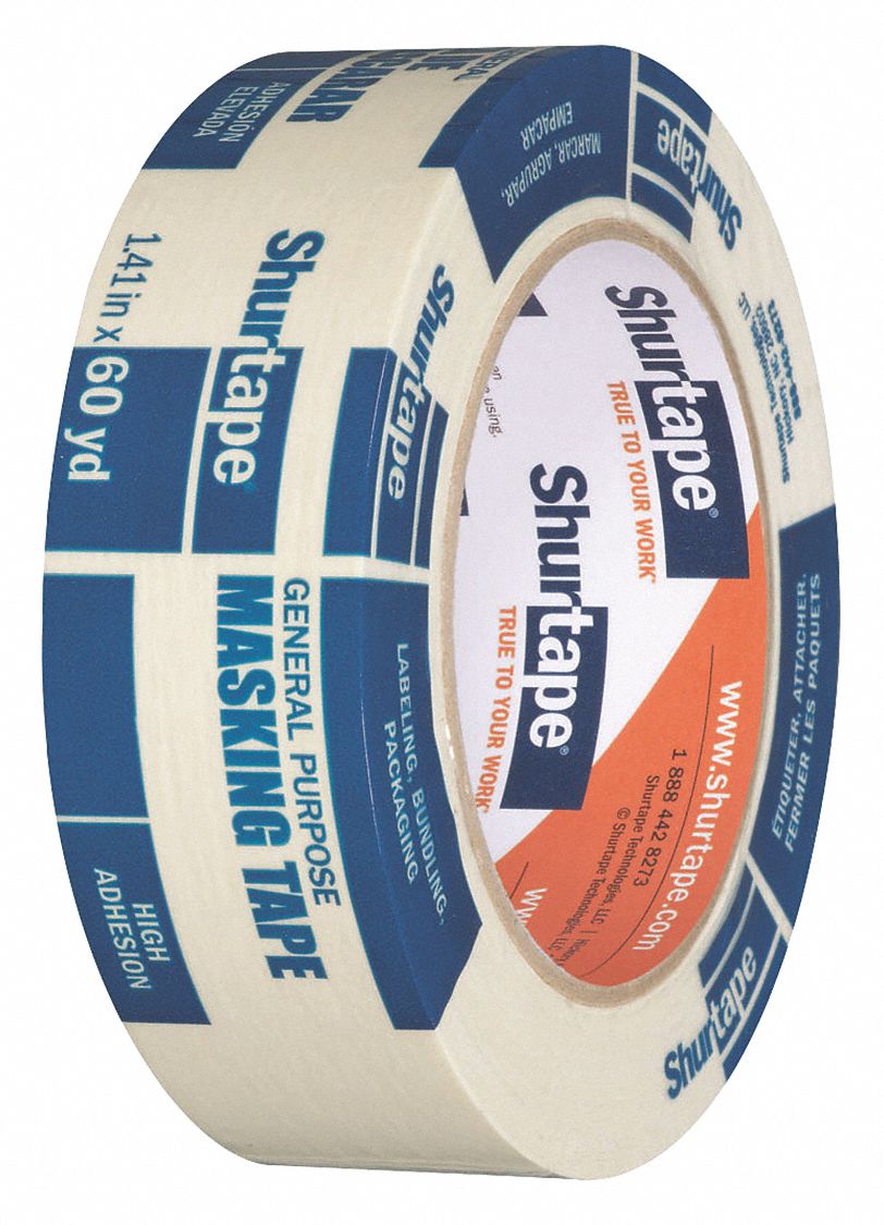 MASKING TAPE, 1 7/16 IN X 60 YARD, 4.6 MIL THICK, INDOOR, RUBBER ADHESIVE, TAN