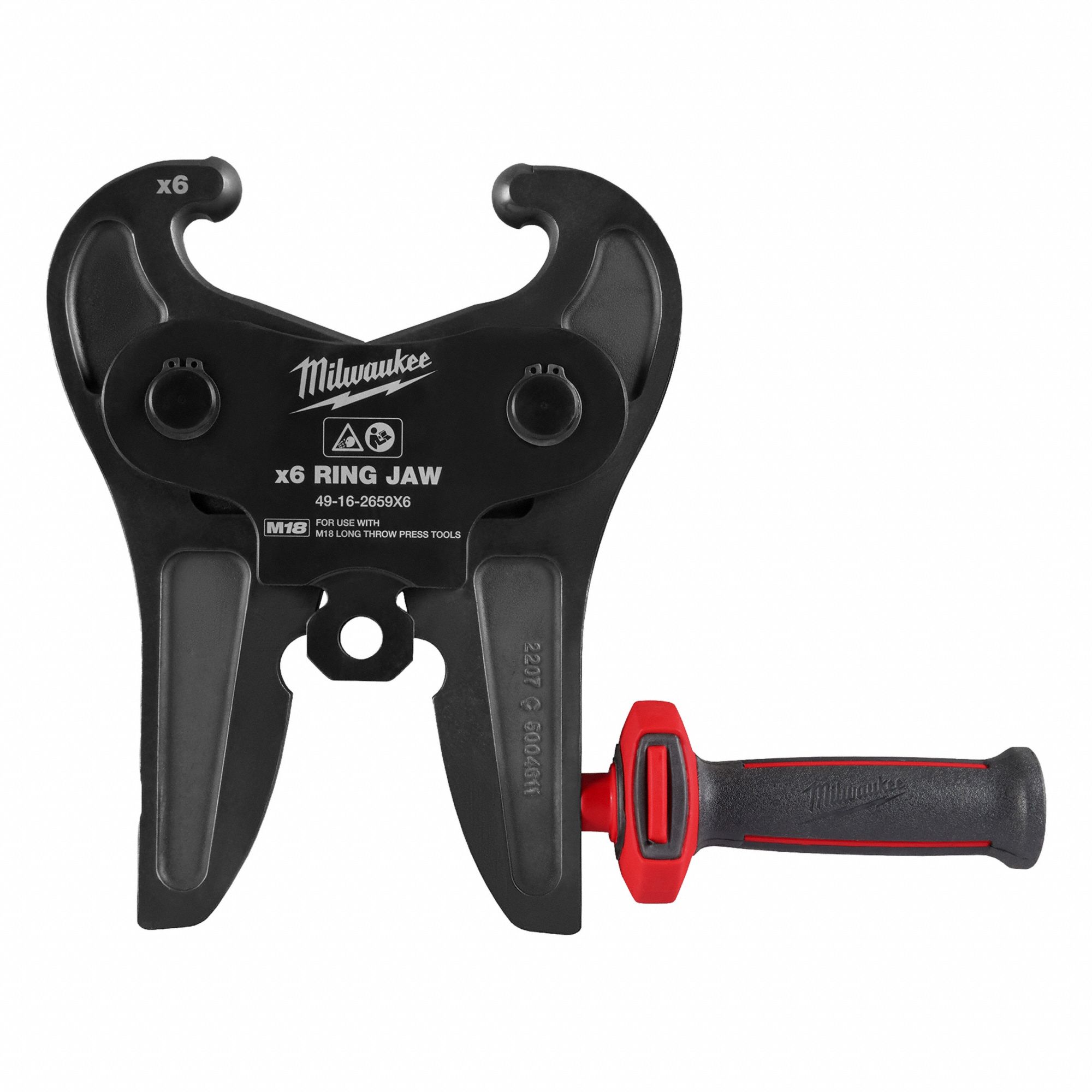 MILWAUKEE Ring Jaw: 2-1/2 in - 4 in Pipe, Copper, Black Iron, Stainless Steel, Extended Tool Types (MPN 49-16-2659X6). Key specifications — attr518763: 2-1/2 in - 4 in; attr518773: Adapter Jaw; attr518762: Copper, Black Iron, Stainless Steel; attr518771: Steel; attr518761: NIBCO; attr518760: MILWAUKEE.
