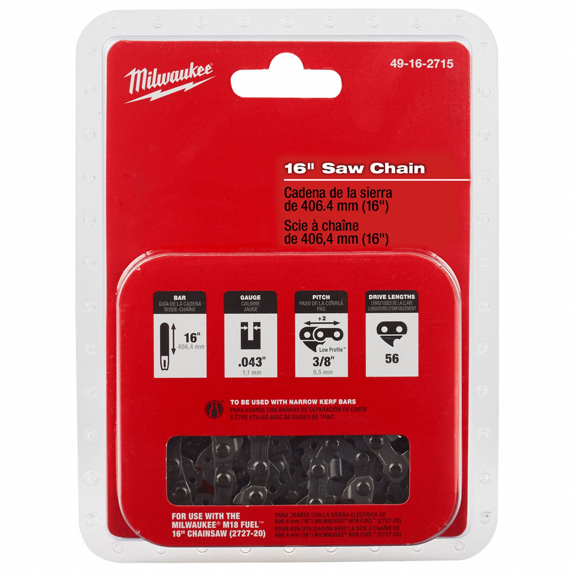MILWAUKEE, Chain Repl, 16 in Bar Lg, Replacement Chain 795CL84916