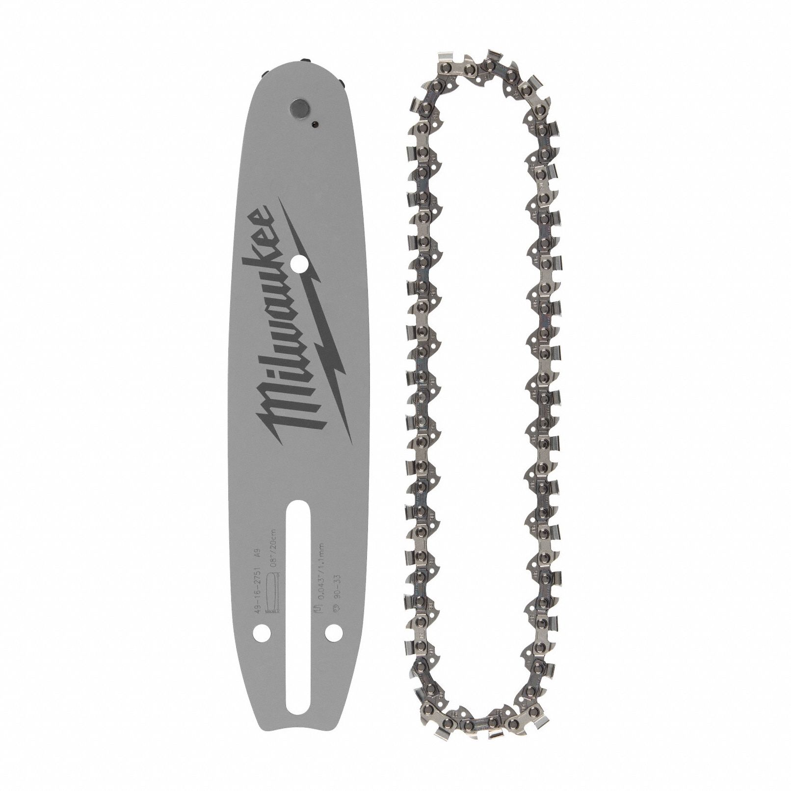 MILWAUKEE Chainsaw Bar and Chain: 8 in Compatible Bar Lg, 3/8 in, 0.03 in Gauge, 33 Links (MPN 49-16-2818). Key specifications — Brand: MILWAUKEE; Compatible Chain Saw Manufacturer: Milwaukee®; Pitch: 3/8 in.