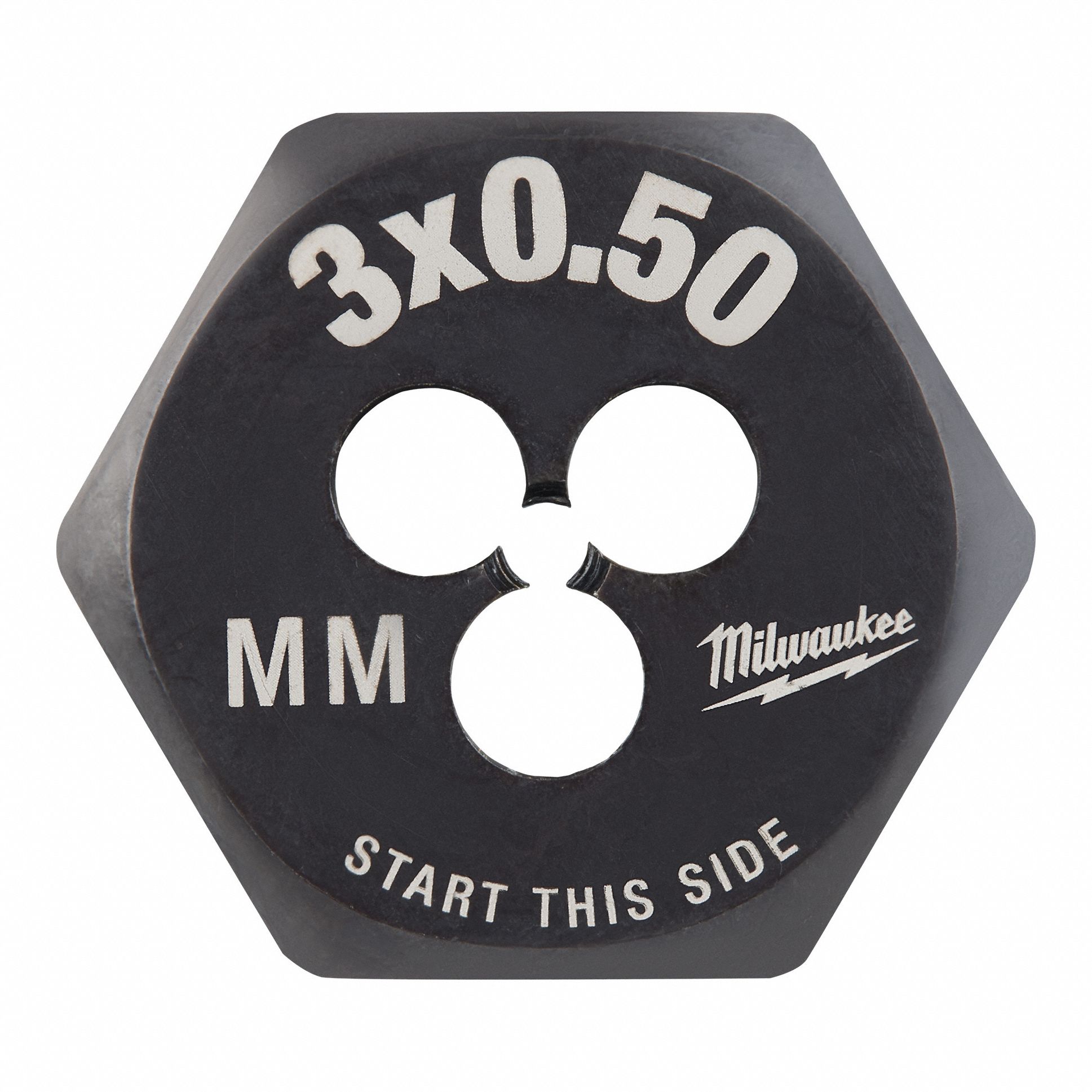 Hex Threading Die: Solid, Carbon Steel, Right Hand, M3 x 0.50 mm Thread Size, Black Oxide