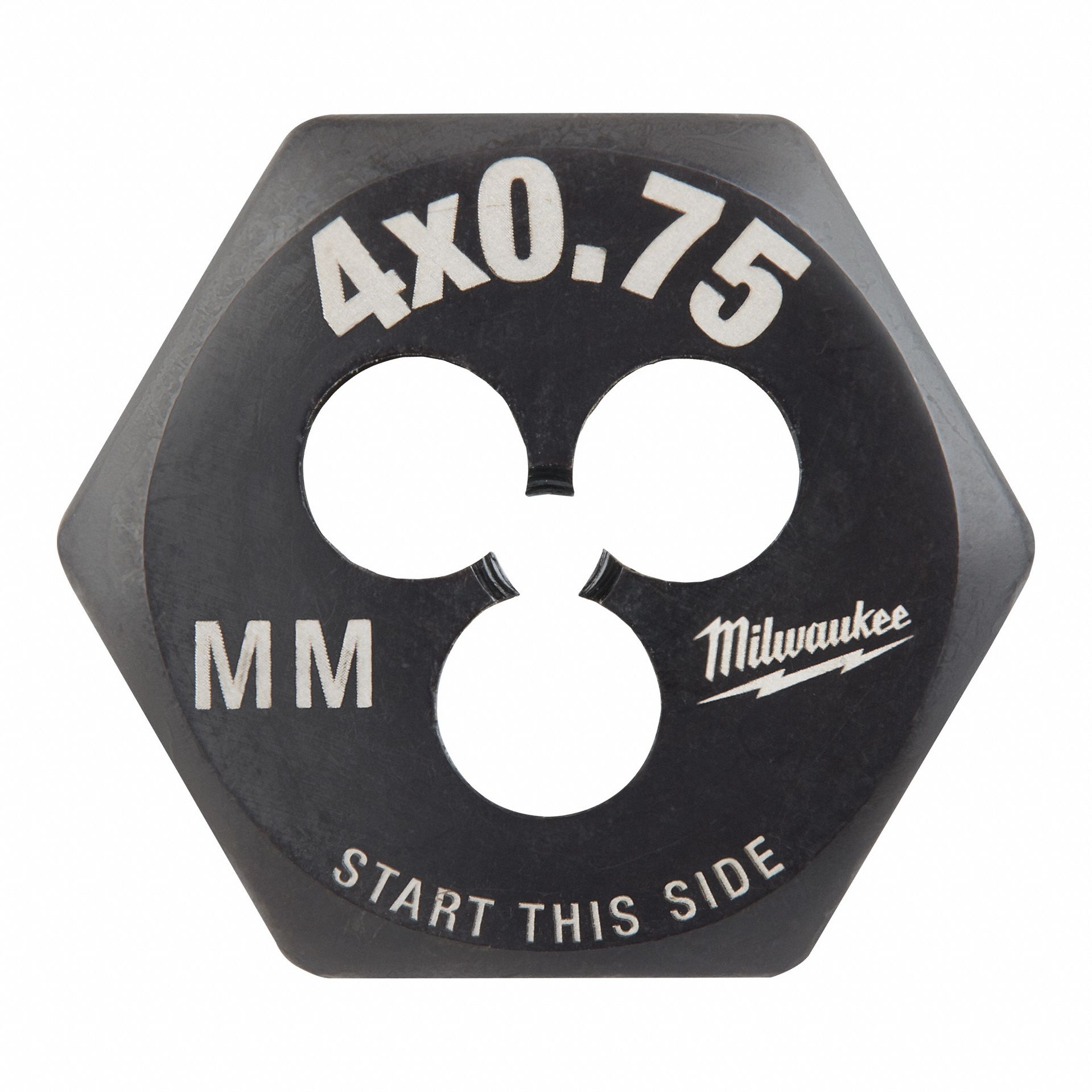 Hex Threading Die: Solid, Carbon Steel, Right Hand, M4 x 0.75 mm Thread Size, Black Oxide