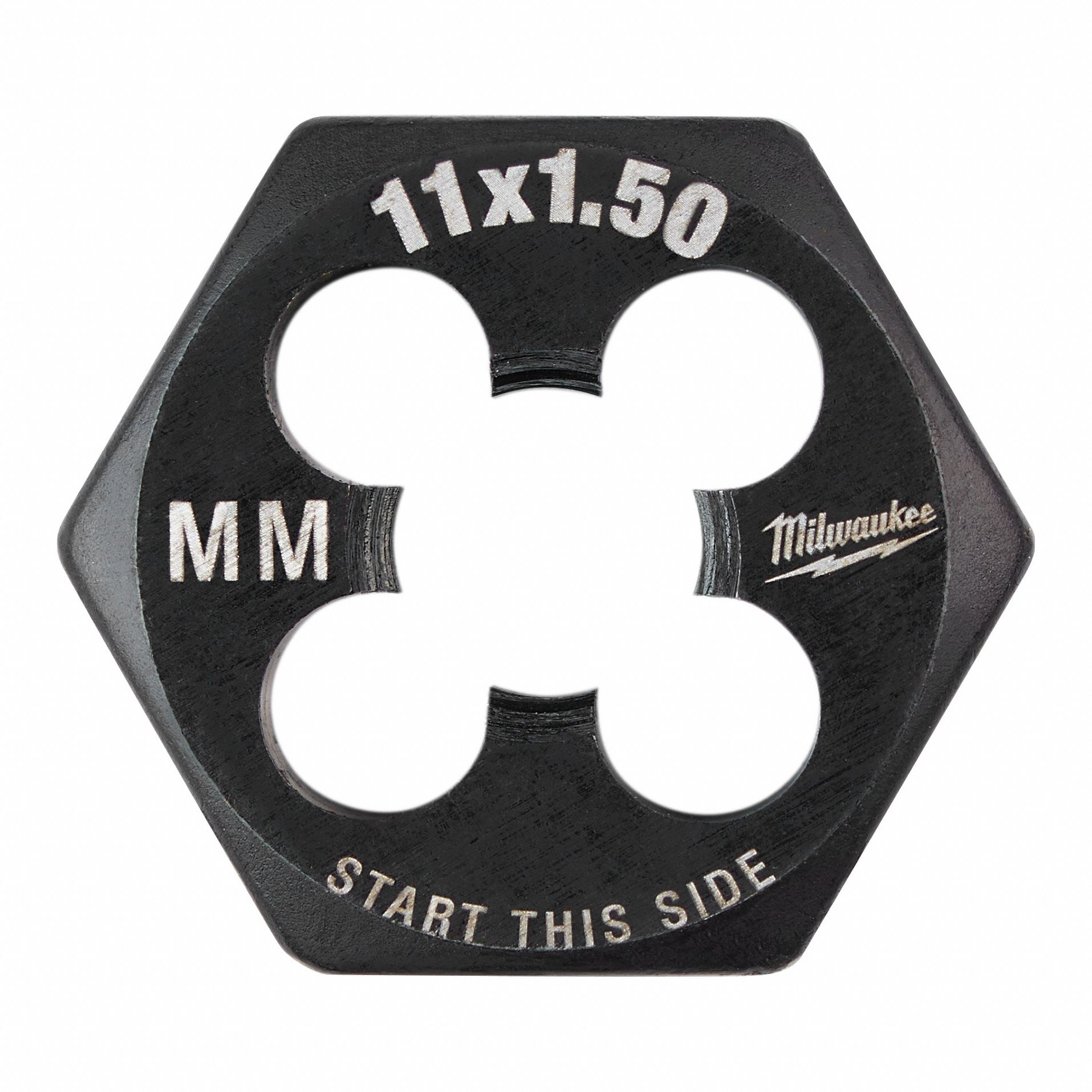 Hex Threading Die: Solid, Carbon Steel, Right Hand, M11 x 1.50 mm Thread Size, Black Oxide
