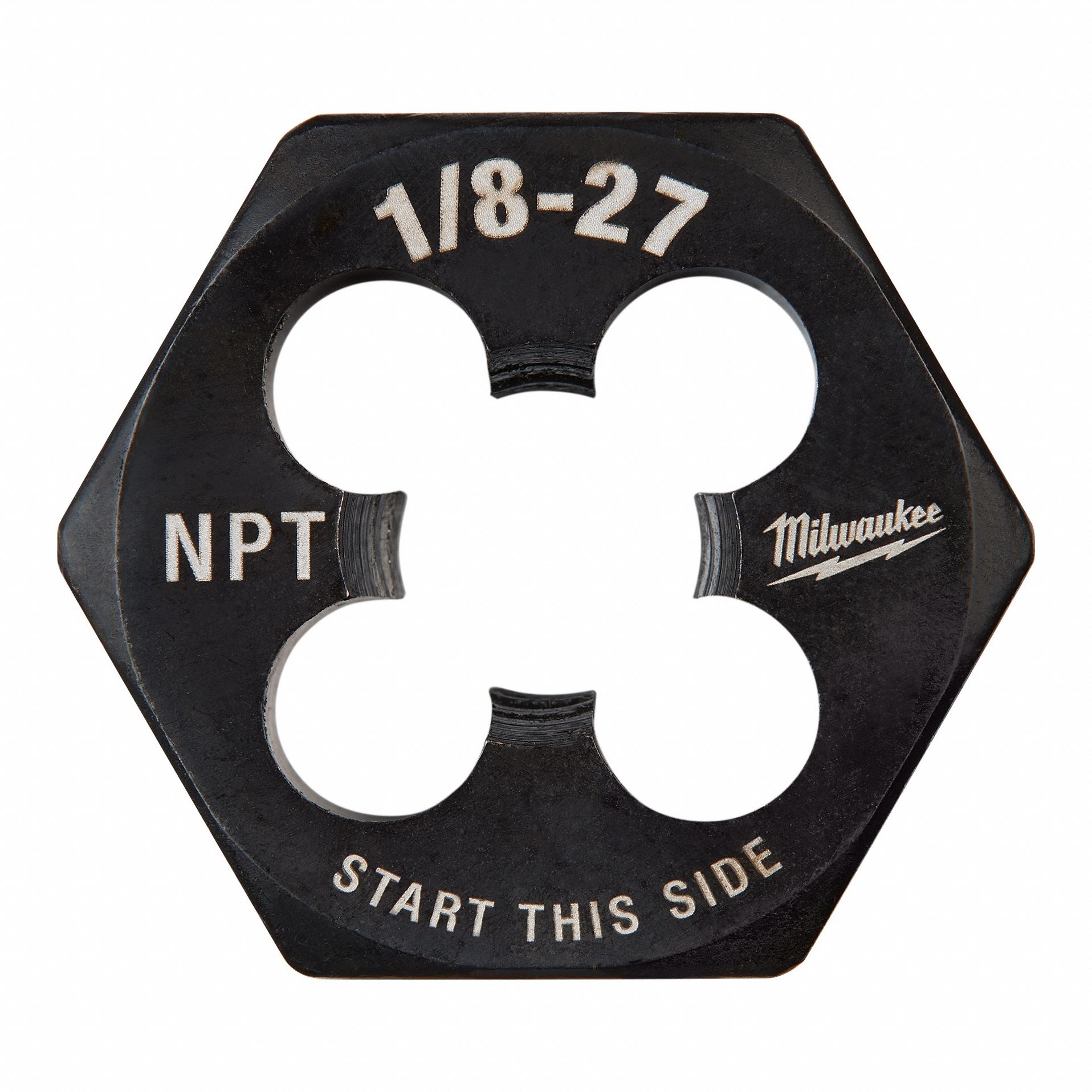 Hex Threading Die: Solid, Carbon Steel, Right Hand, 1/8"-27 Thread Size, 3/8 in Die Thick