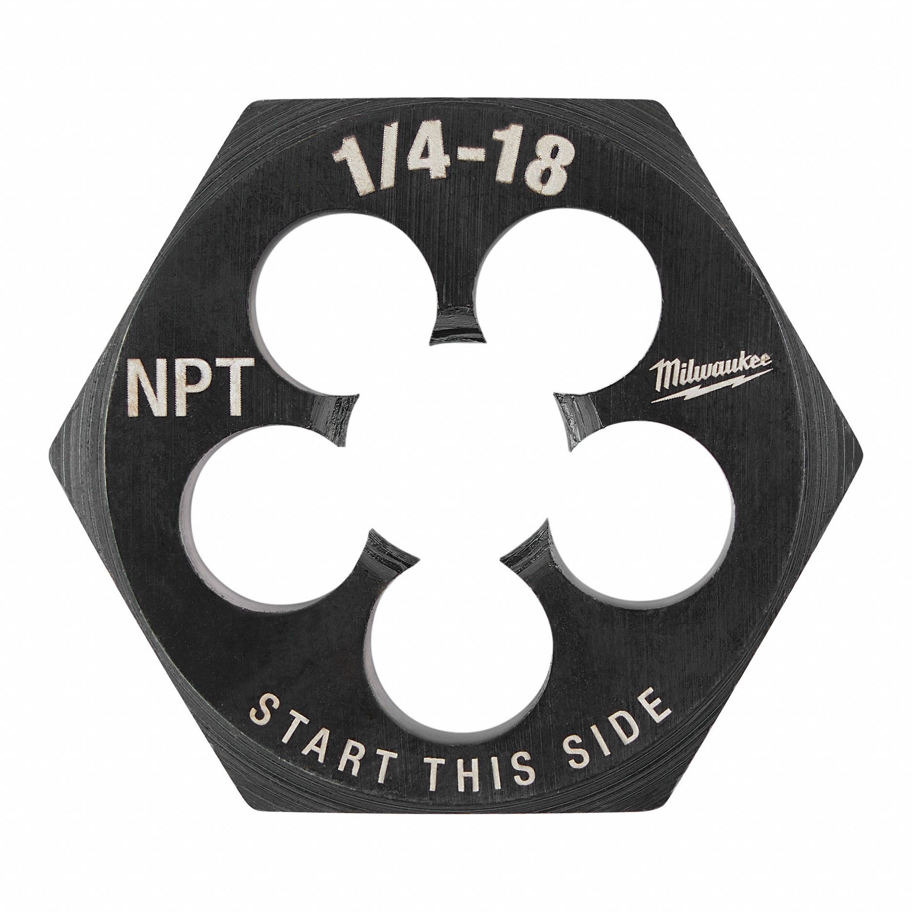 Hex Threading Die: Solid, Carbon Steel, Right Hand, 1/4"-18 Thread Size, 1/2 in Die Thick