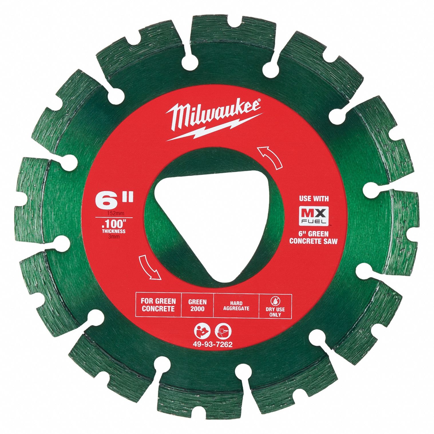 Diamond Saw Blade: Green Concrete, 6 in Blade Dia., 6 in Arbor Size, Dry, Best, Segmented