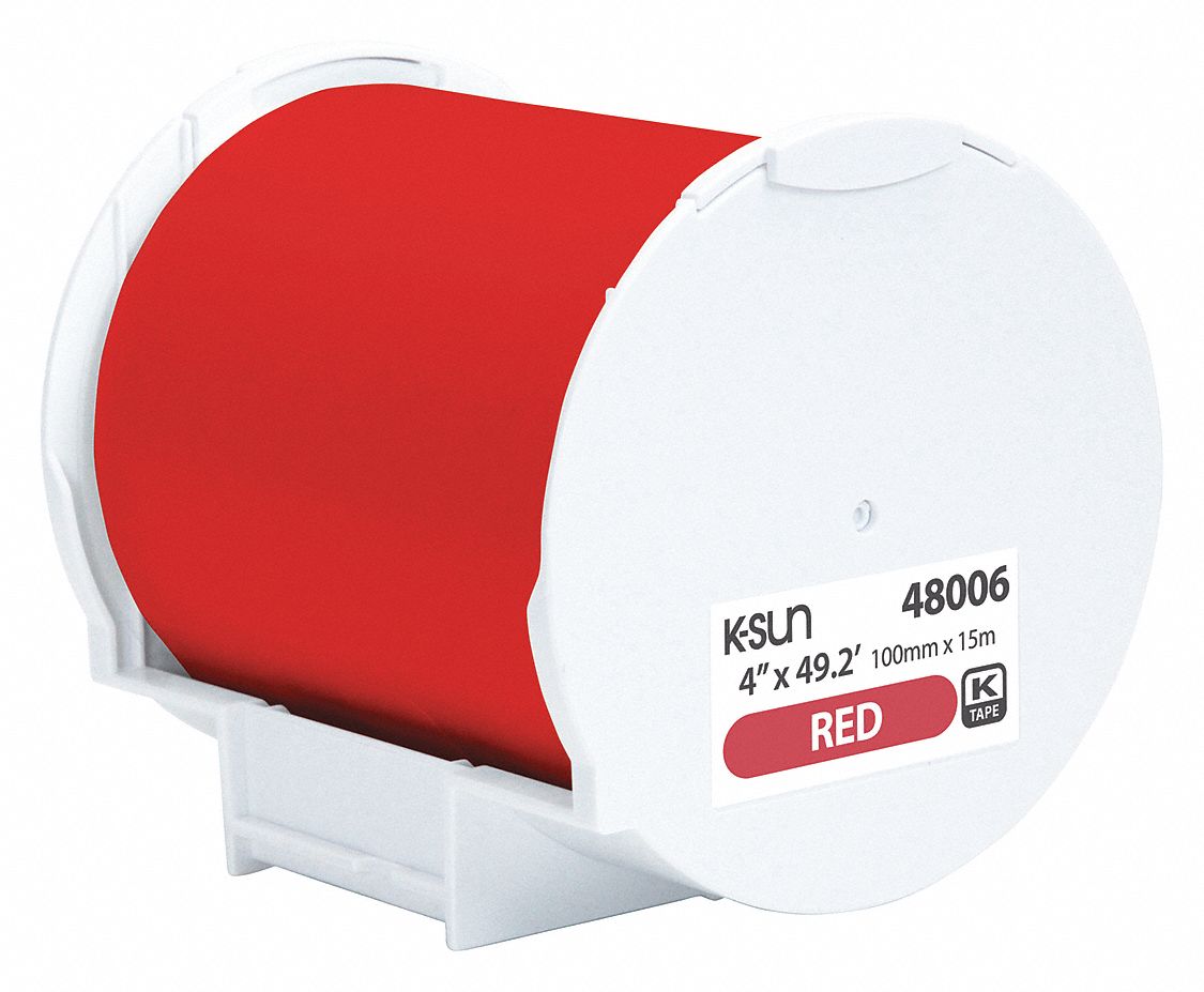 Continuous Label Roll: 2 in x 49 5/32 ft, Polyethylene Olefin, Red, Indoor/Outdoor, Adhesive