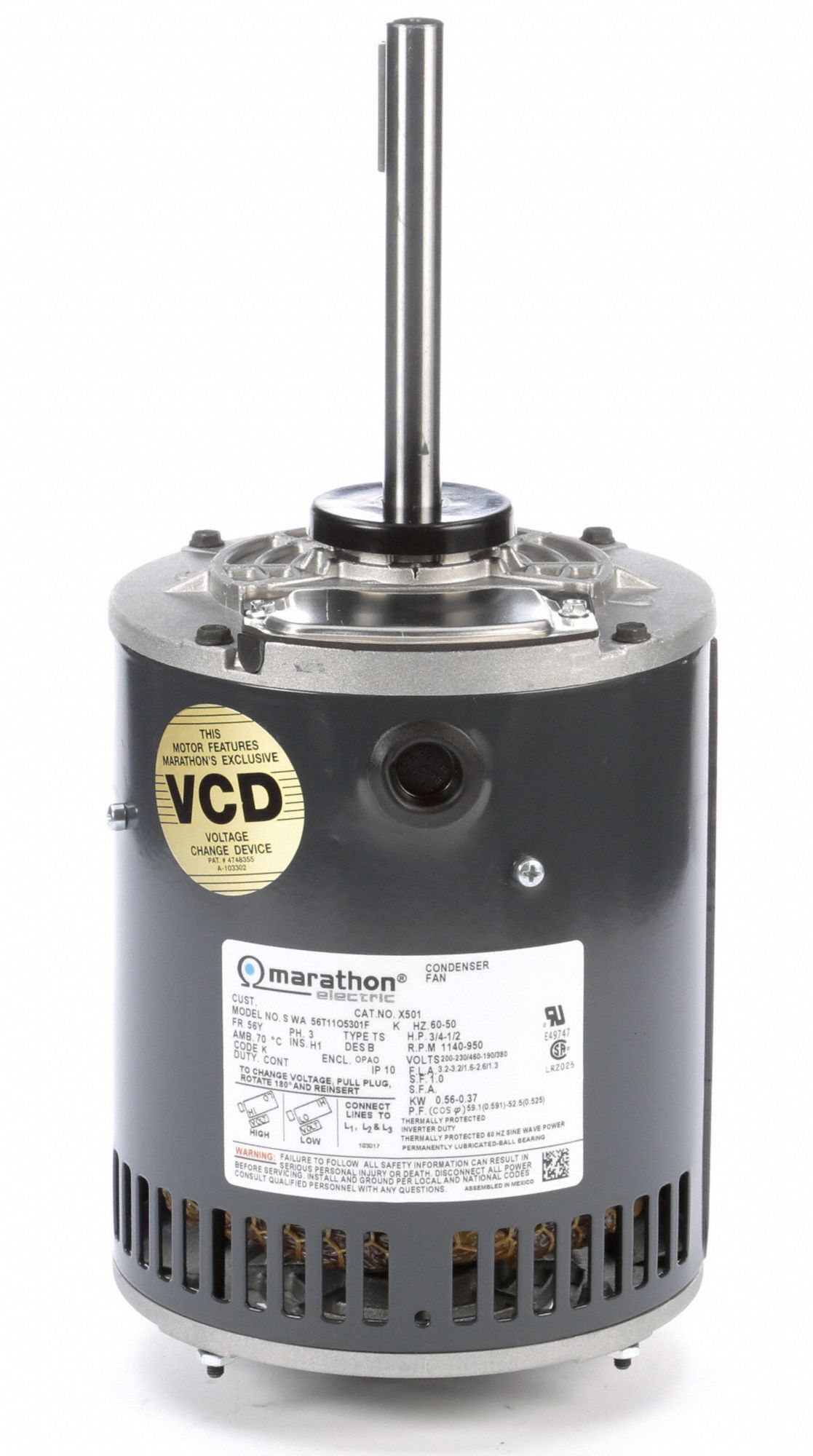 MARATHON MOTORS Condenser Fan Motor, 3/4 HP, 3Phase, Nameplate RPM