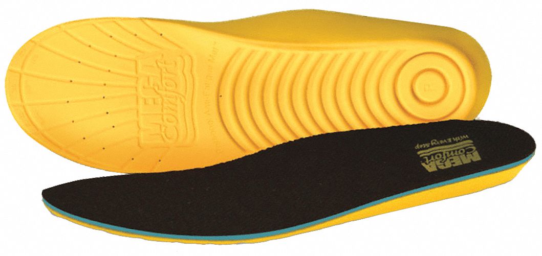 MEN'S INSOLES, SIZE 12 TO 13, MEMORY FOAM/STEEL, YELLOW/BLACK, ROUND, ANTI-BACTERIAL