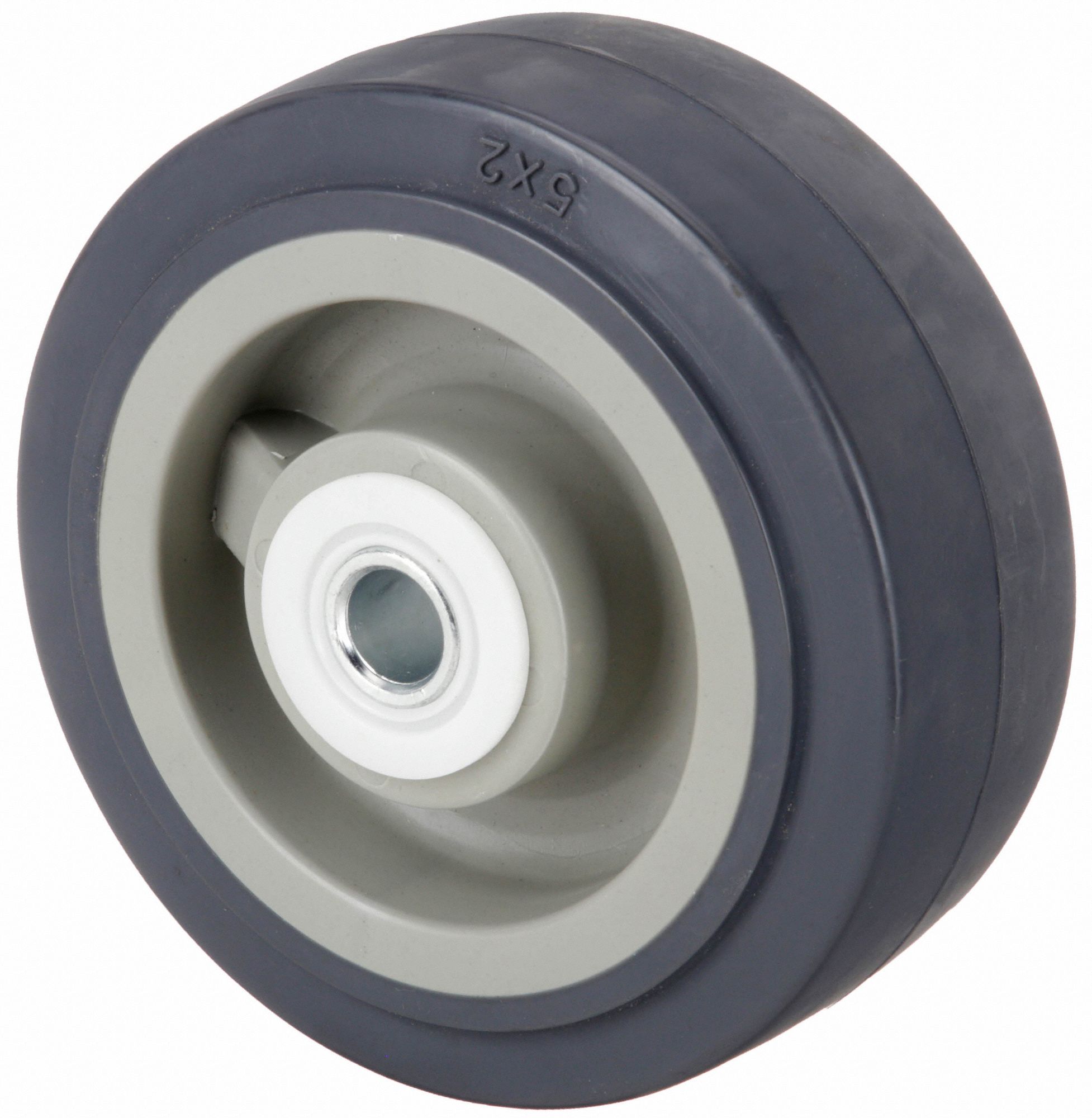 POLYURETHANE TREAD ON PLASTIC CORE WHEEL, 5 IN WHEEL DIA, 2 IN WHEEL W, GREY, HARD