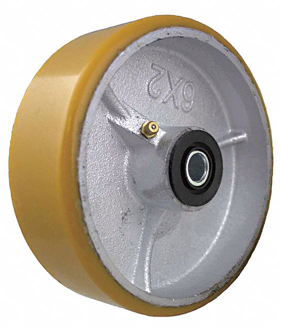 POLYURETHANE TREAD ON IRON CORE WHEEL, 6 IN WHEEL DIA, 3 IN WHEEL W, YELLOW, FIRM