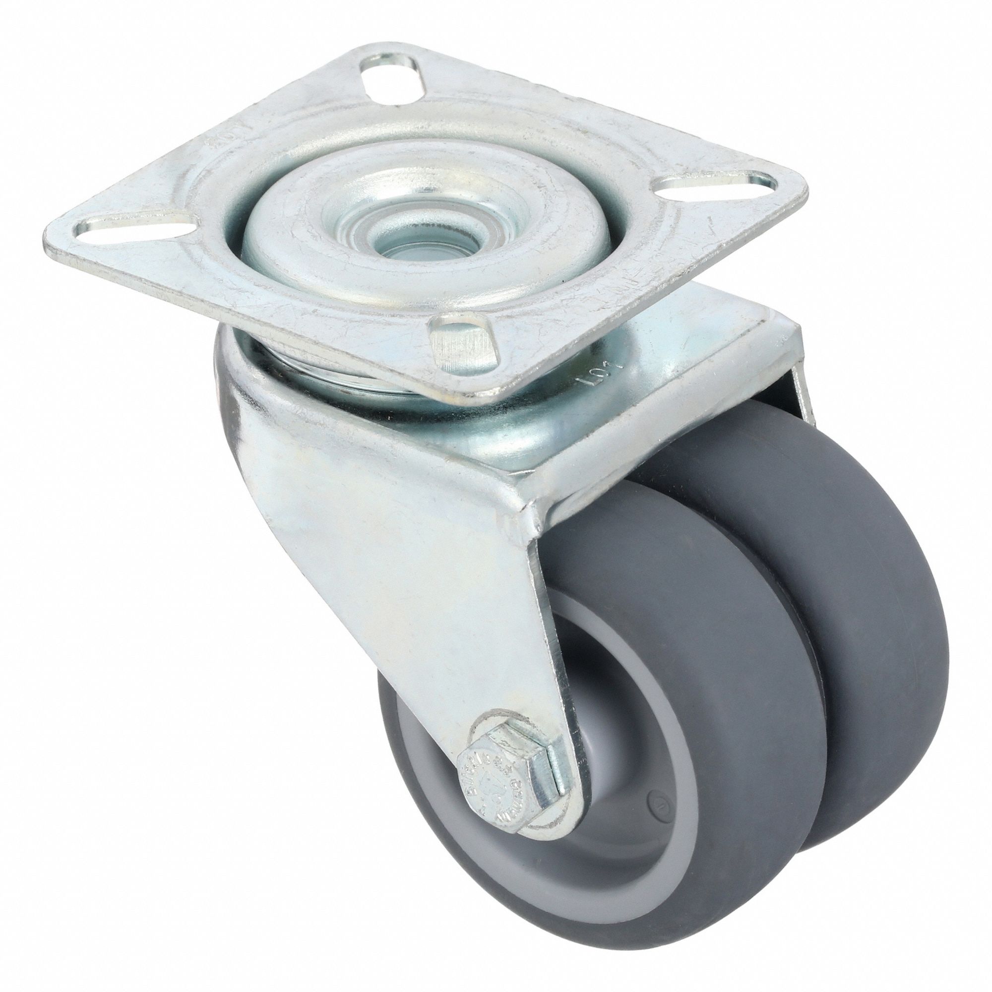 Plate Caster: Swivel, No Brake, Rubber, 2 in Wheel Dia, 3/4 in Wheel Wd, Hole, Plain