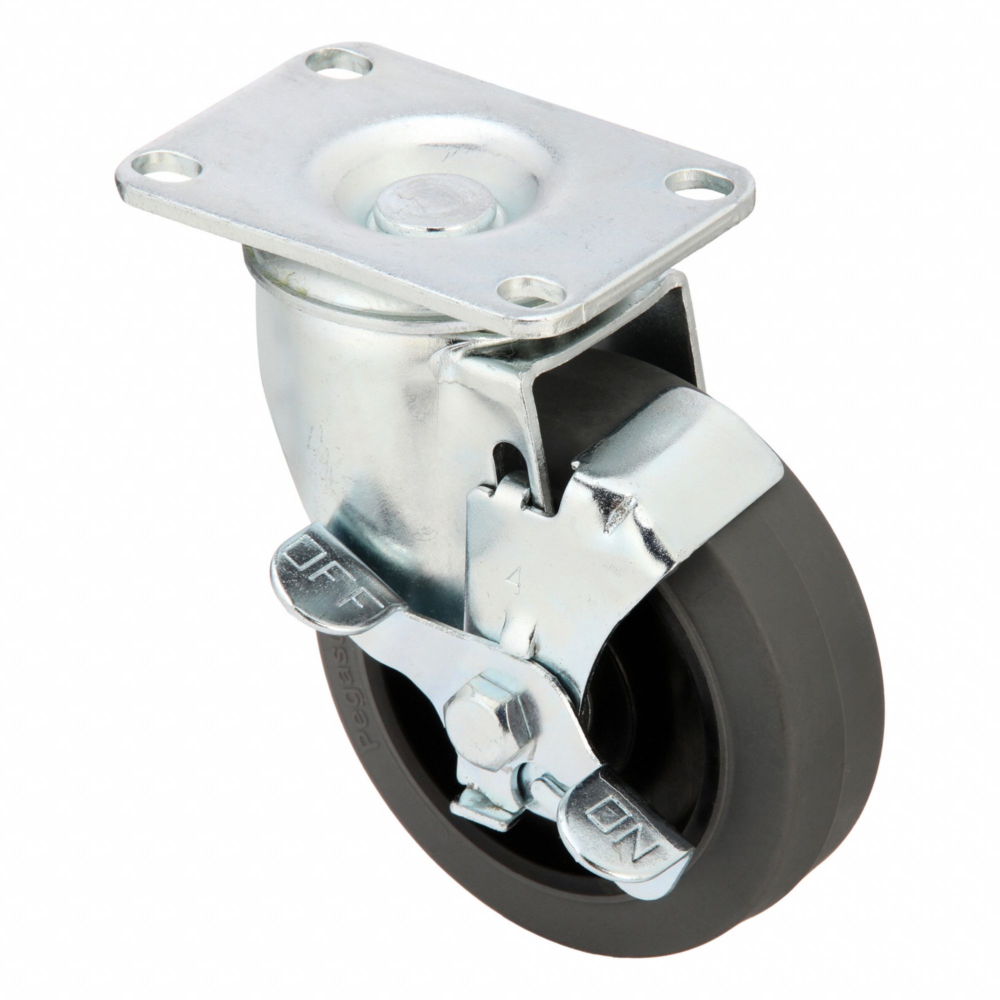 Plate Caster: Swivel, Side Brake, Rubber, 4 in Wheel Dia, 1 1/4 in Wheel Wd, Slot