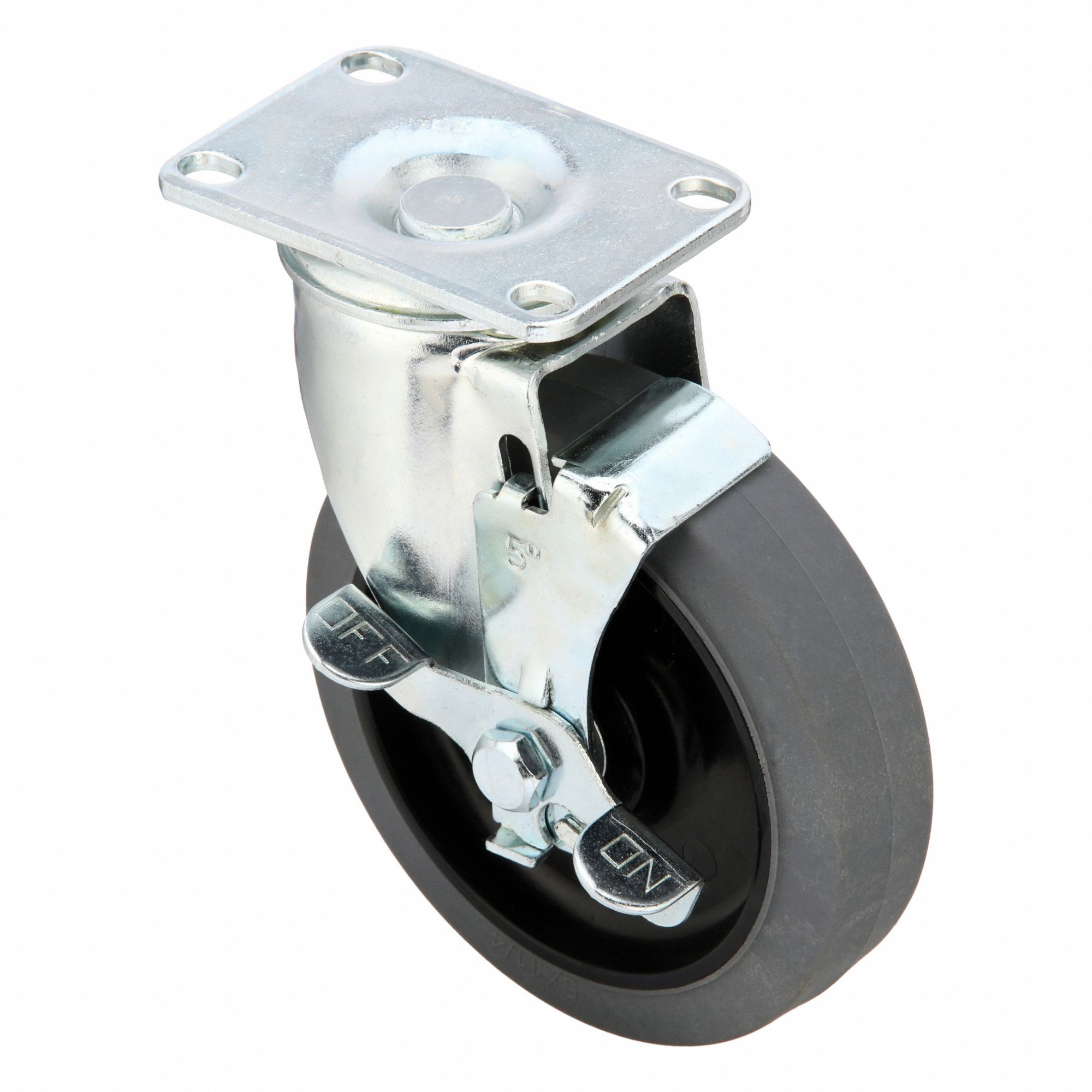 Plate Caster: Swivel, Side Brake, Rubber, 5 in Wheel Dia, 1 1/4 in Wheel Wd, Slot