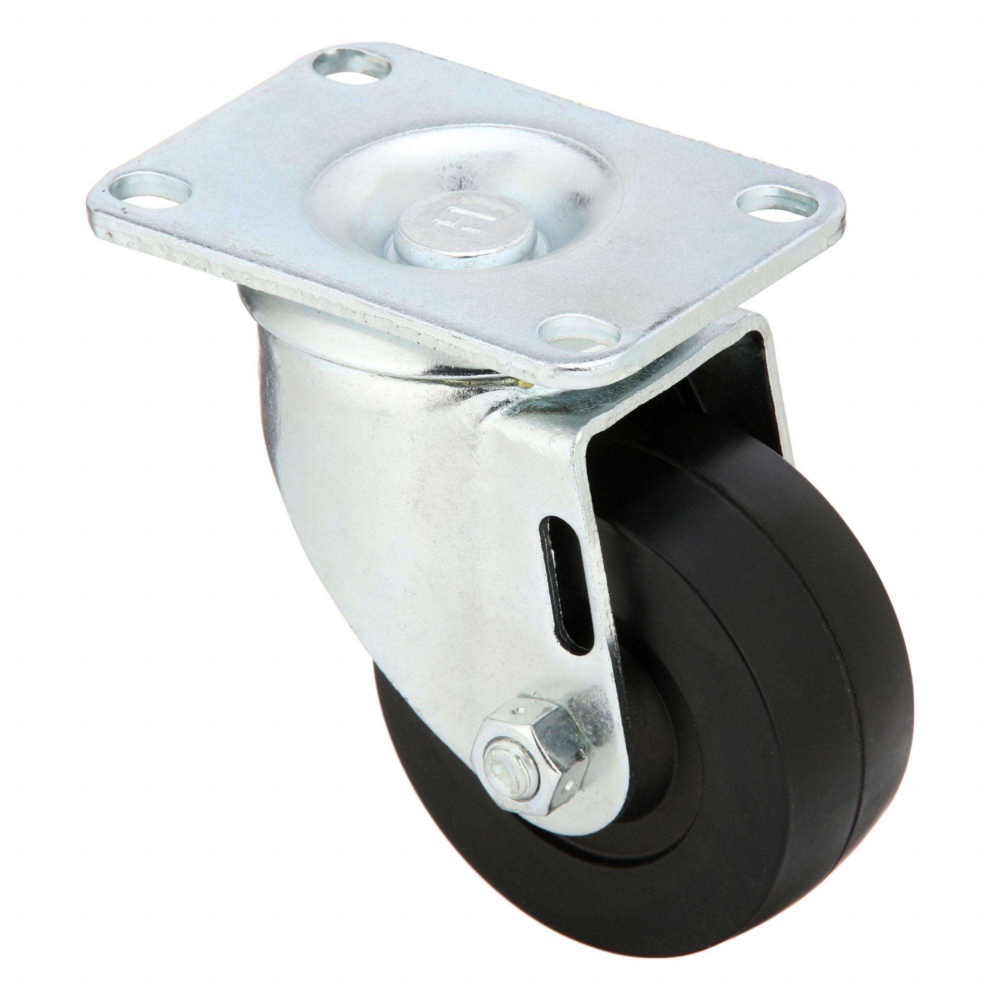 Plate Caster: Swivel, No Brake, Rubber, 3 in Wheel Dia, 1 1/4 in Wheel Wd, Slot