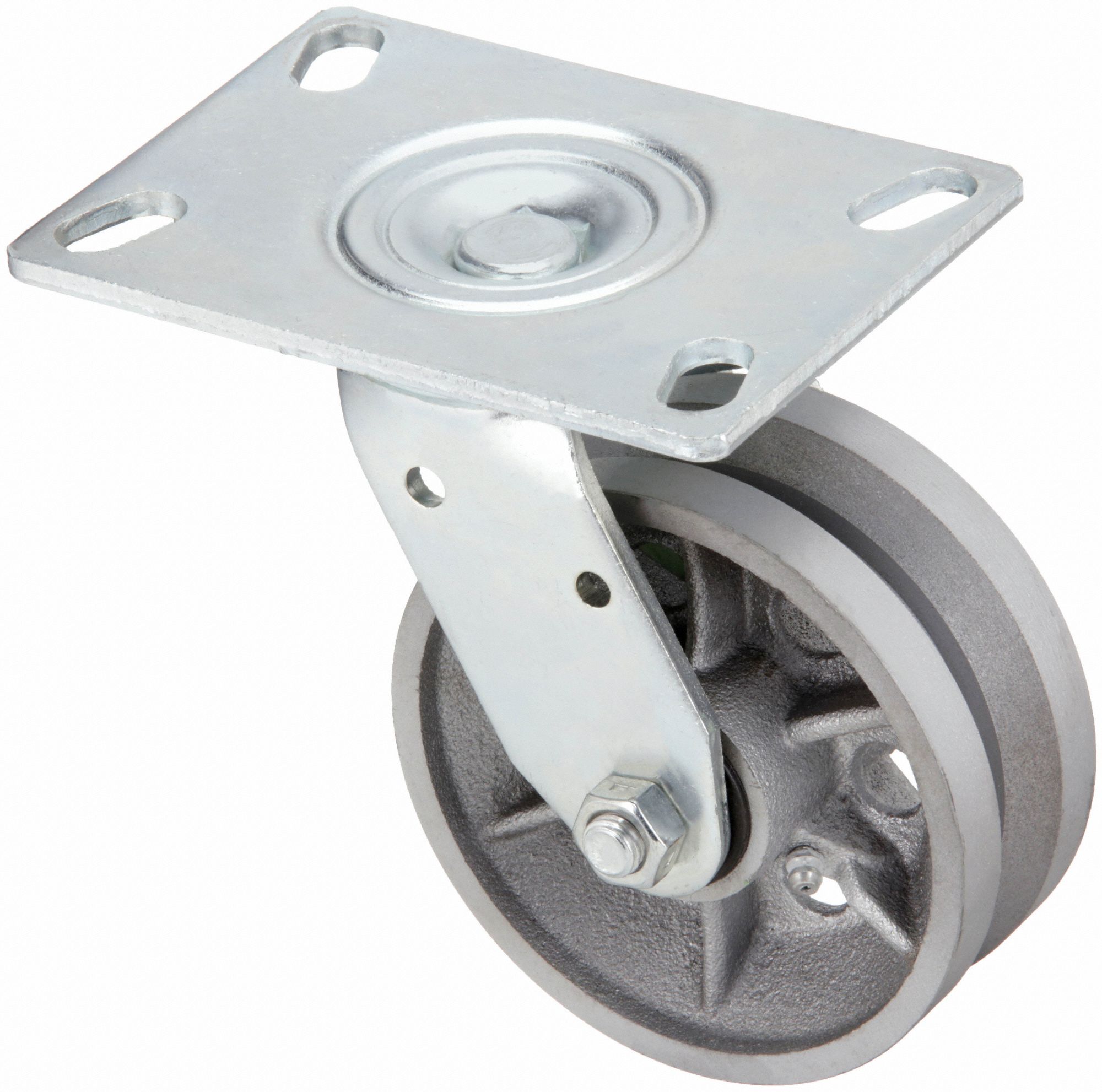 Plate Caster: Swivel, Iron, 5 in Wheel Dia, 2 in Wheel Wd, 6 1/2 in Mounting Ht