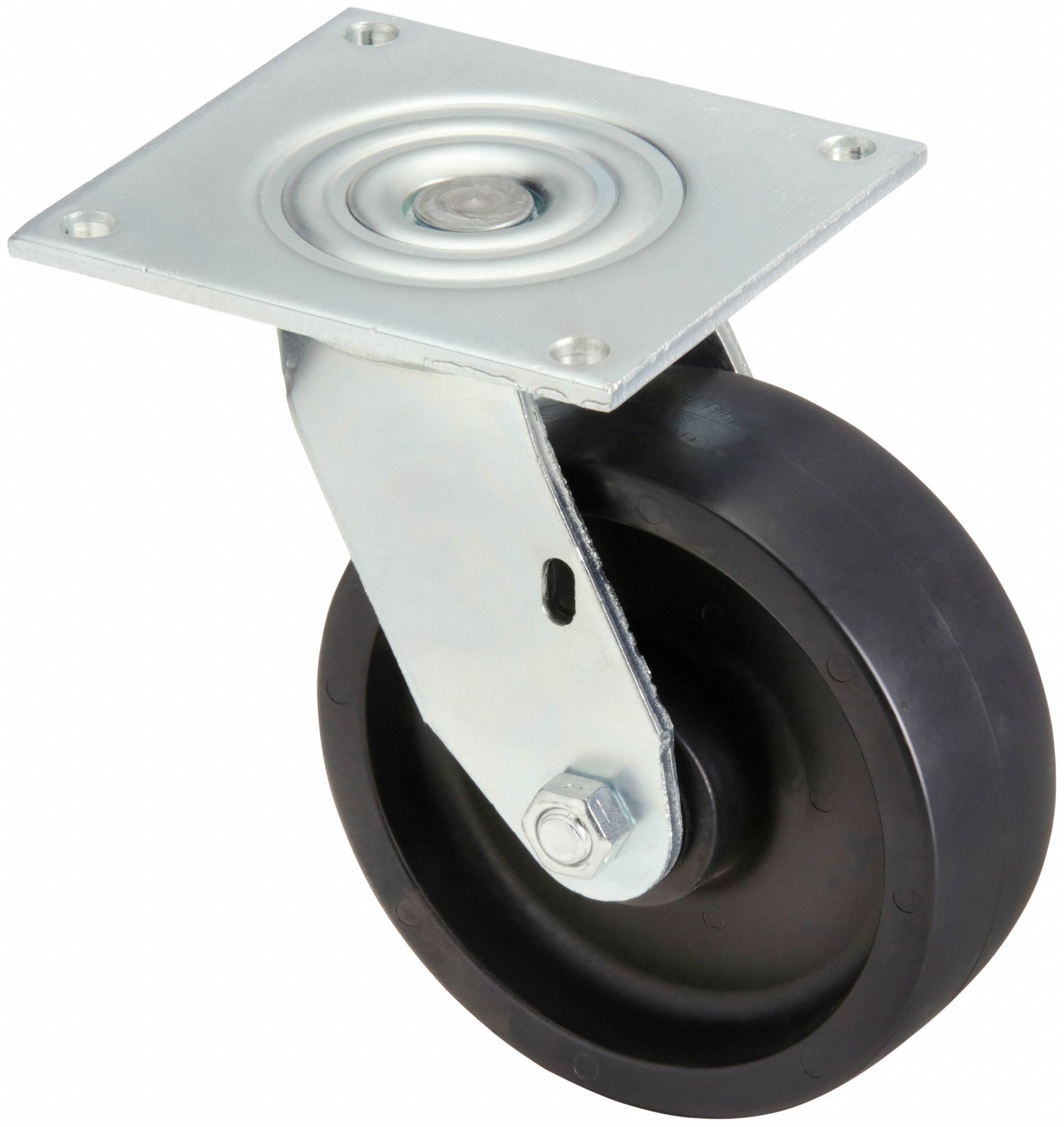 Plate Caster: Swivel, No Brake, Polypropylene, 6 in Wheel Dia, 2 in Wheel Wd, Hole