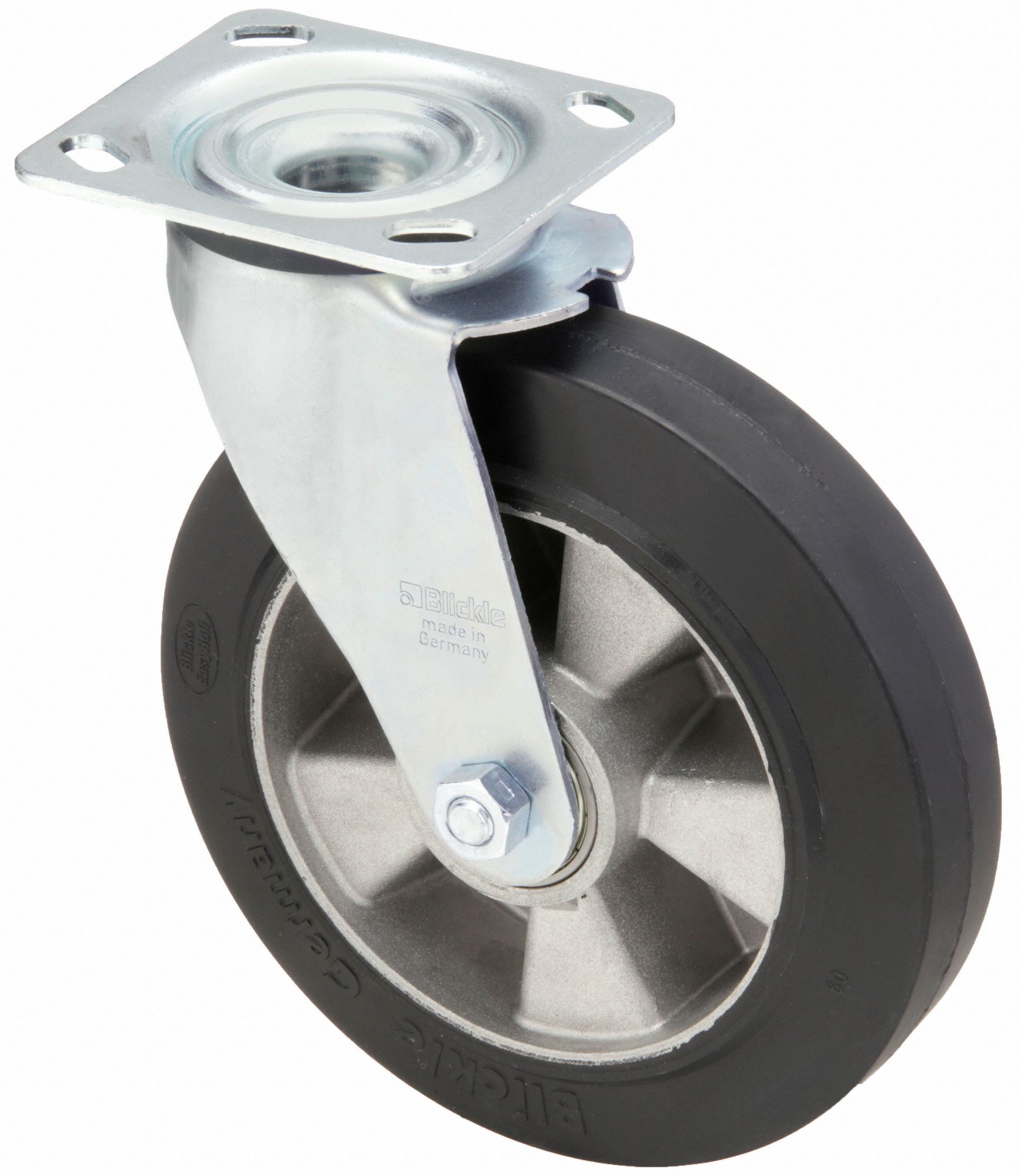 Plate Caster: Swivel, No Brake, Rubber, 5 7/8 in Wheel Dia, 2 in Wheel Wd, Slot