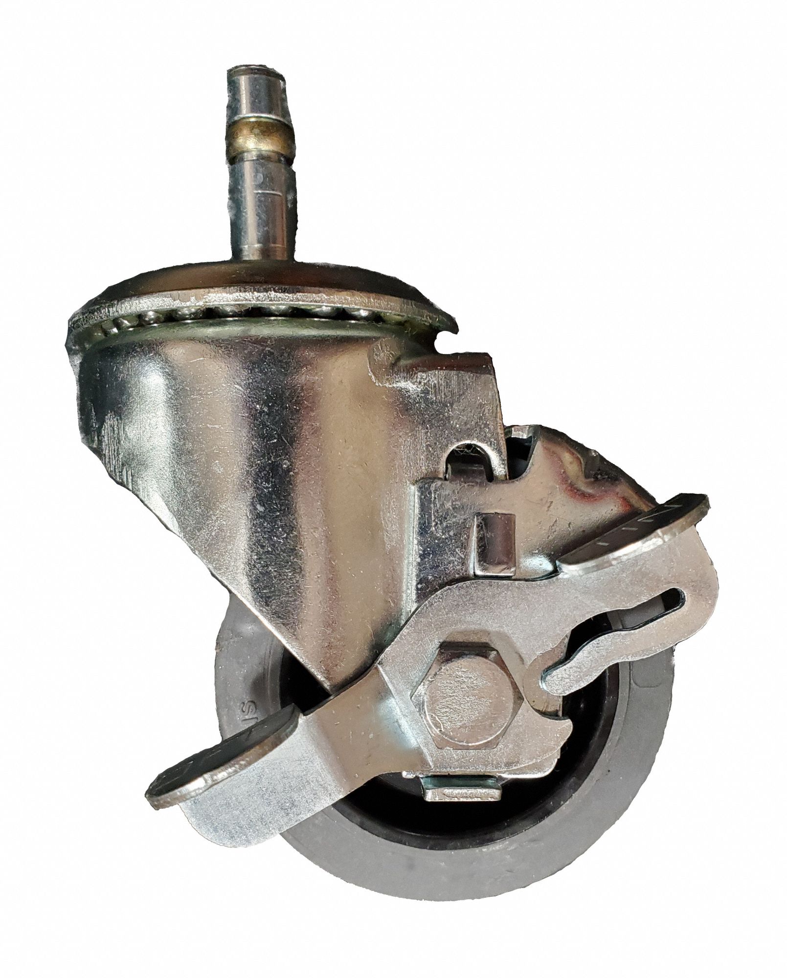 Stem Caster: Swivel, Side Brake, 3 in Wheel Dia., 1 1/4 in Wheel Wd, Rubber, Plastic