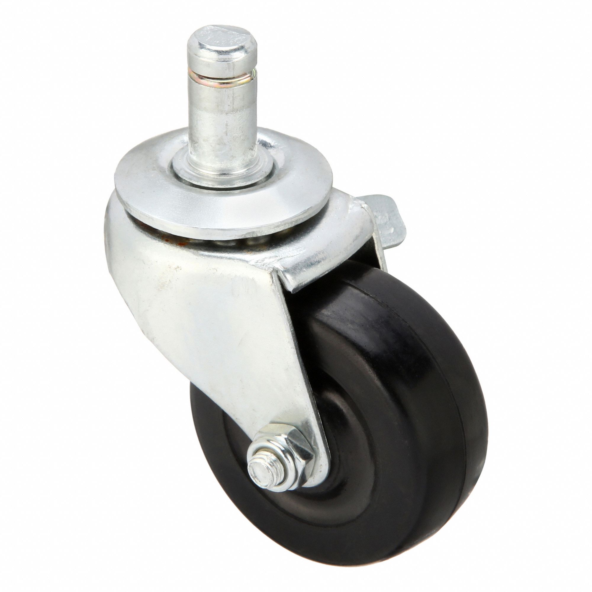 Stem Caster: Swivel, Side Brake, 2 in Wheel Dia., 7/8 in Wheel Wd, Rubber, Rubber