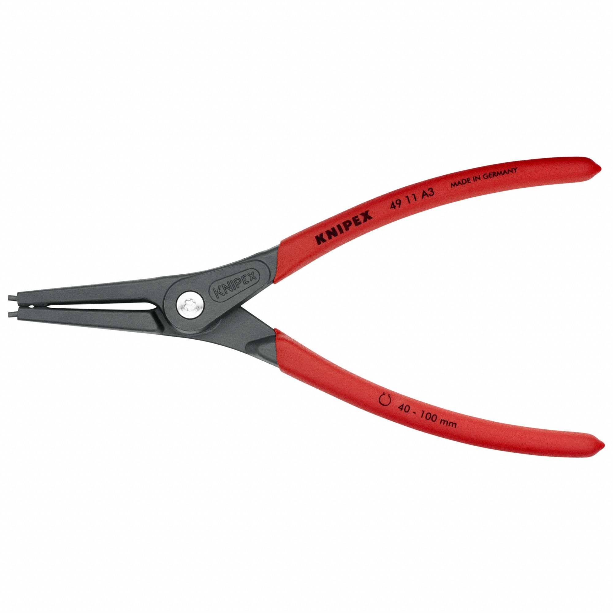 Retaining Ring Plier: External, For 40 mm to 100 mm Shaft Dia, 0.091 in Tip Dia, 8 7/8 in Overall Lg