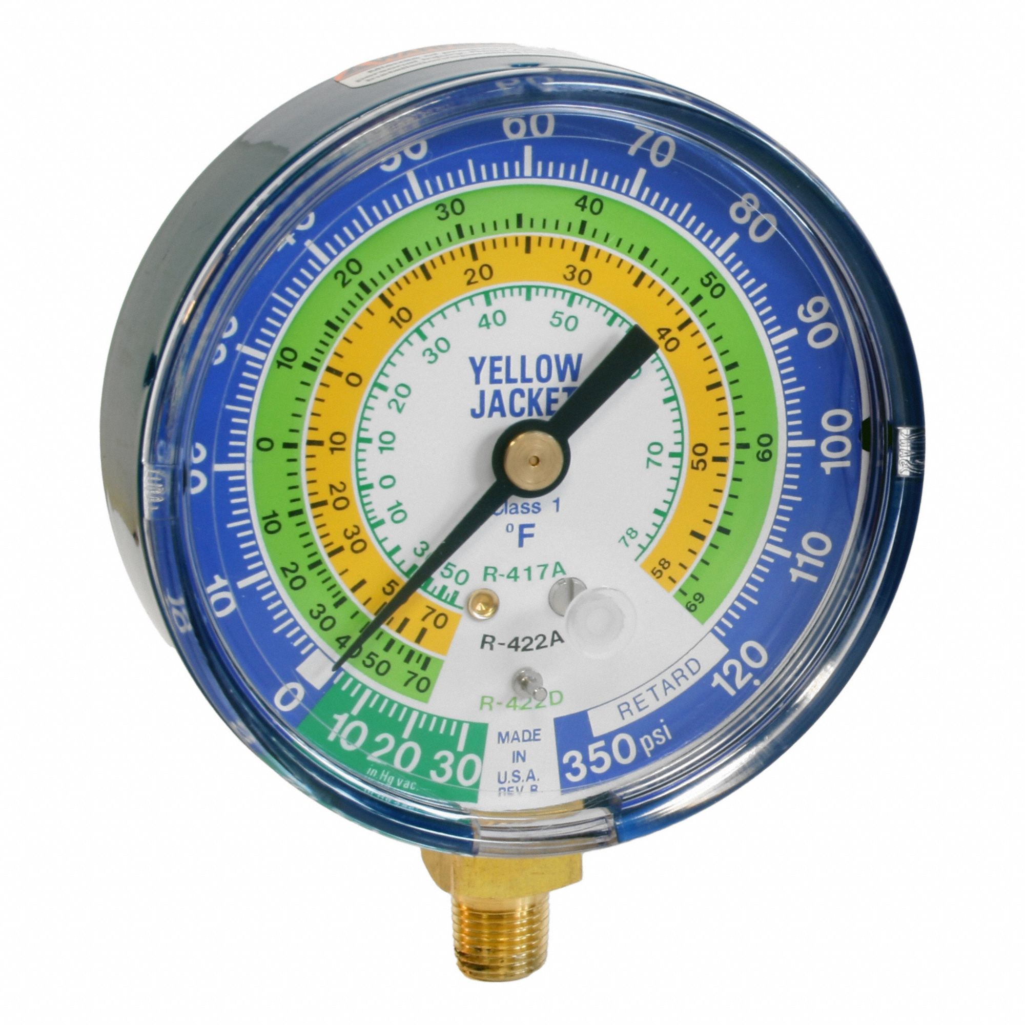 Low Side Gauge: Low Side Gauge, Non-Liquid Filled, 3 1/8 in Dia, 1/8 in Male NPT, Blue