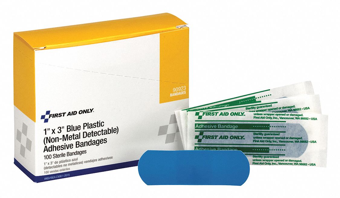 Adhesive Bandage: Strip Bandages, 1 in Wd, 3 in Lg, Not Metal Detectable, Plastic