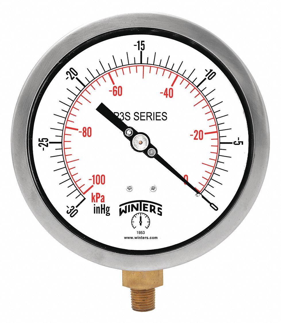 WINTERS INSTRUMENTS Vacuum Gauge, 30 in to 0 in Hg Range, 1/4 in MNPT