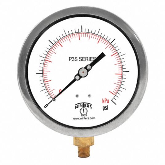 WINTERS Industrial Pressure Gauge: 0 to 300 psi, 6 in Dial, 1/4 in NPT  Male, Bottom, ±0.5% Accuracy