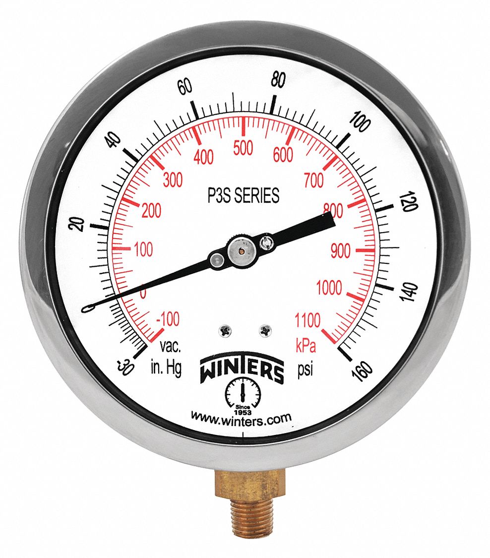 INDUSTRIAL COMPOUND GAUGE, 0 PSI TO 160 PSI, 4 1/2 IN DIAL, 1/4 IN NPT MALE, BOTTOM, 5, IP52