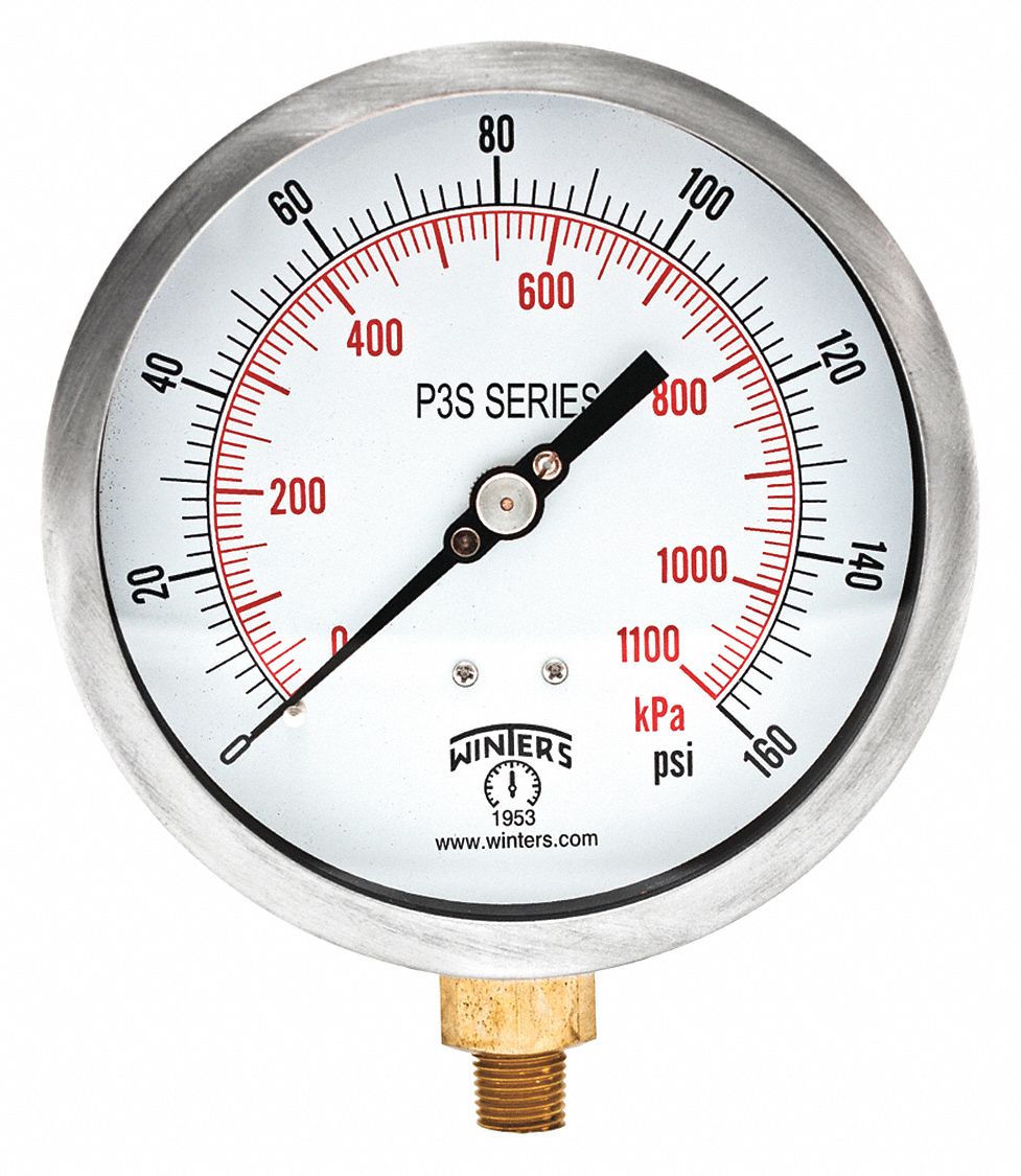 Industrial Pressure Gauge: 0 psi to 160 psi, 4 1/2 in Dial, 1/4 in NPT Male, Bottom, 5, IP52