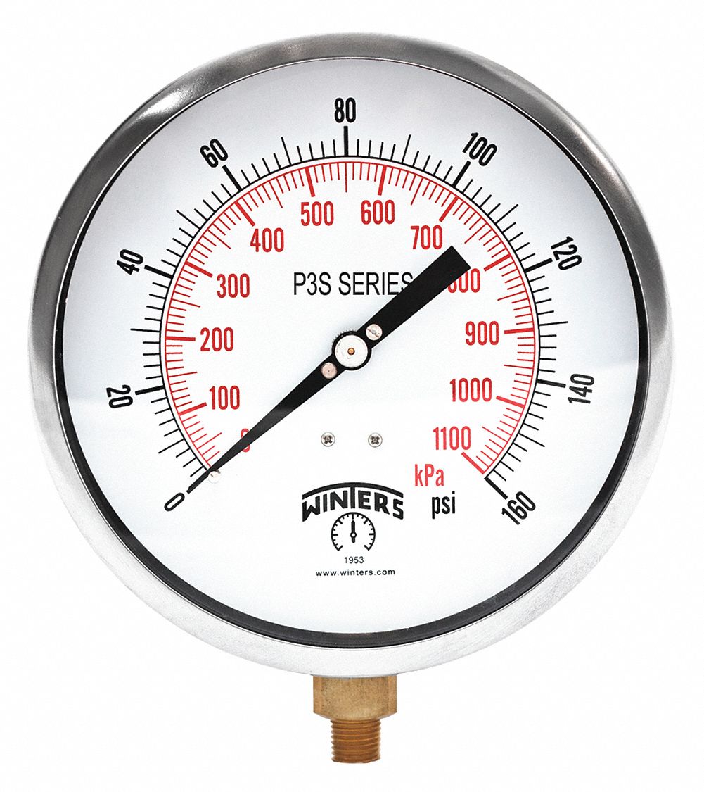 Industrial Pressure Gauge: 0 psi to 160 psi, 6 in Dial, 1/4 in NPT Male, Bottom, 5, IP52