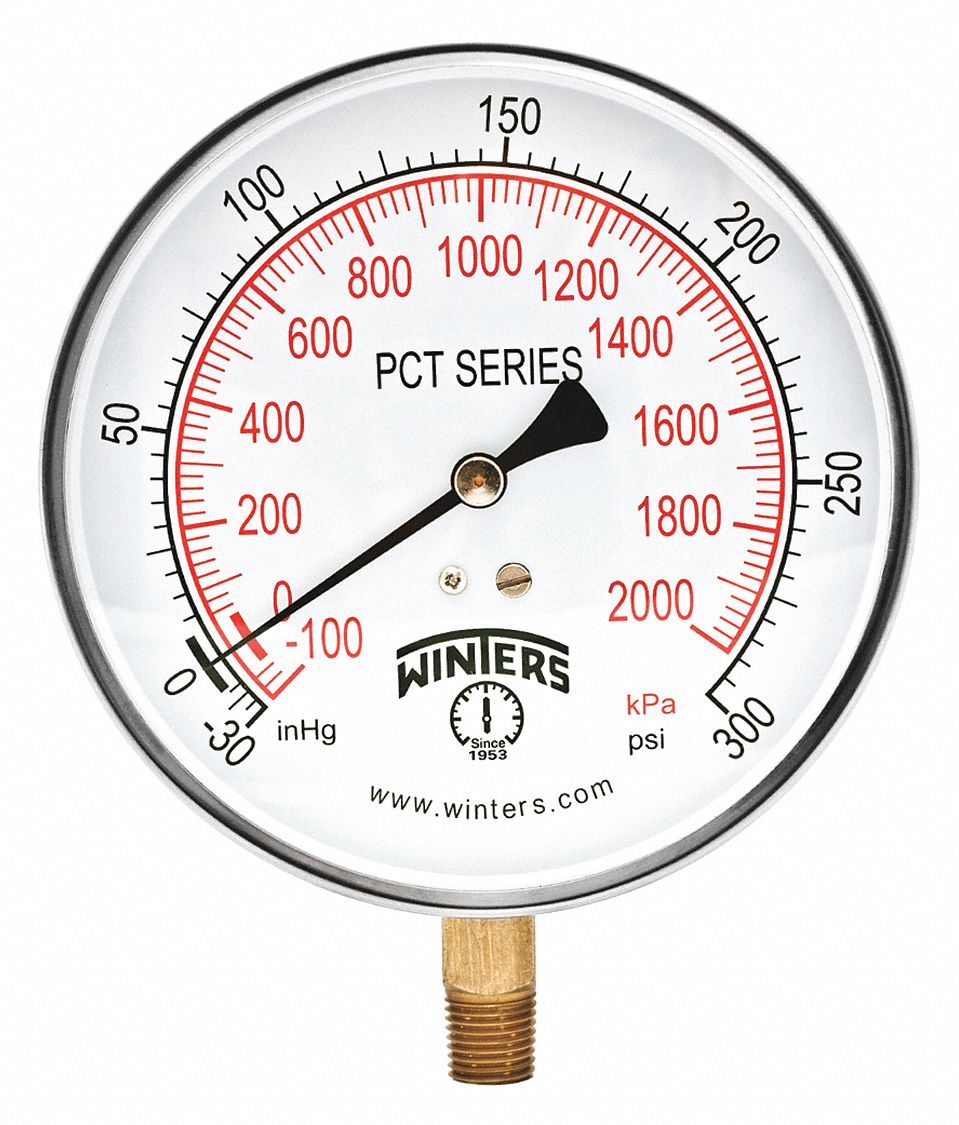 Industrial Compound Gauge: 0 psi to 300 psi, 4 1/2 in Dial, 1/4 in NPT Male, Bottom, 5, IP52