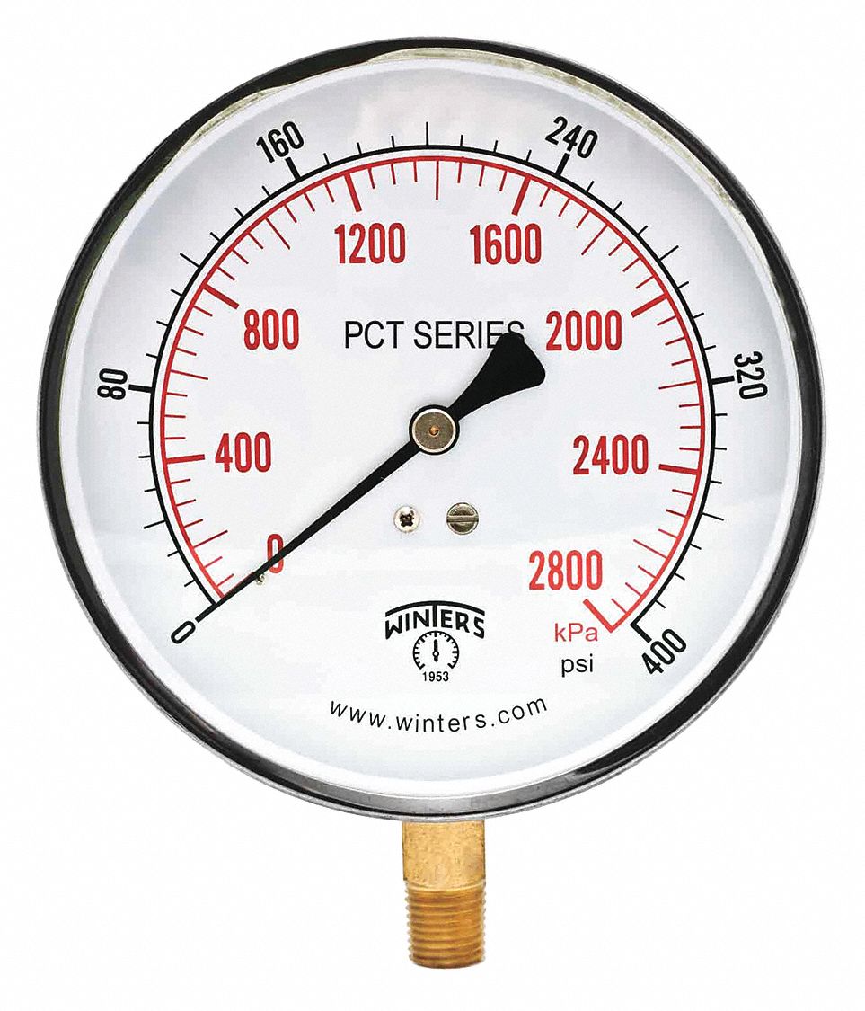PRESSURE GAUGE, BOTTOM MOUNT, 0-400 PSI/KPA, 1/4 IN MNPT, 4 1/2 IN, STAINLESS STEEL