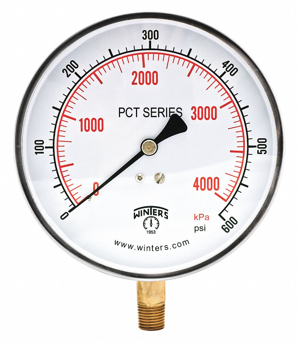 PRESSURE GAUGE, BOTTOM MOUNT, 0-600 PSI/KPA, 1/4 IN MNPT, 4 1/2 IN, STAINLESS STEEL