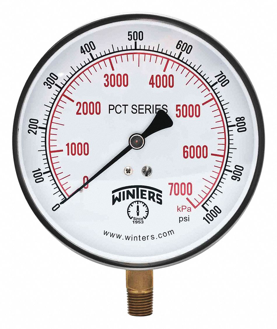 PRESSURE GAUGE, BOTTOM MOUNT, 0-1000 PSI/KPA, 1/4 IN MNPT, 4 1/2 IN, STAINLESS STEEL